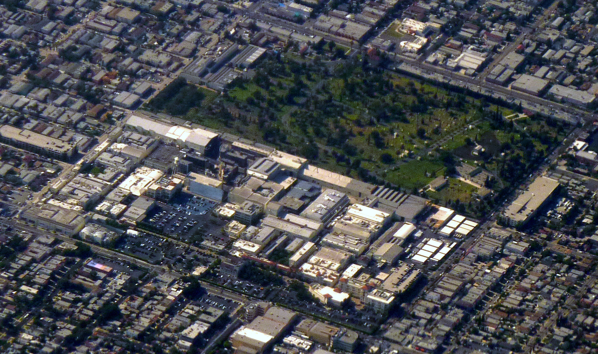 Aerial view of the adjoining Paramount Studios and Hollywood Forever Cemetery, Los Angeles, California, USA.