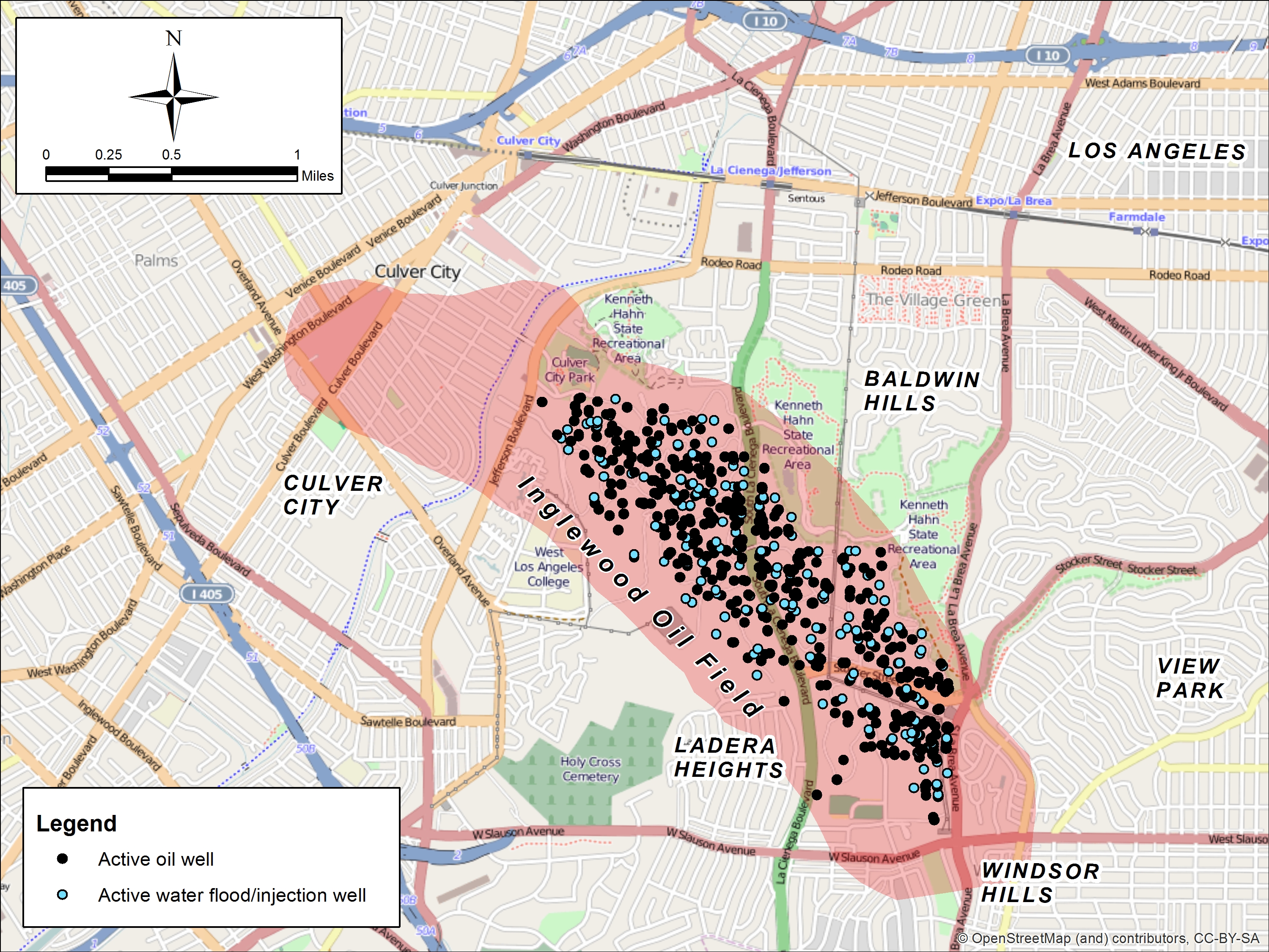 Detail of Inglewood Oil Field. By self, GFDL/cc by sa 3.0.  Made in ArcGIS 10.2 using public domain and copyleft data.