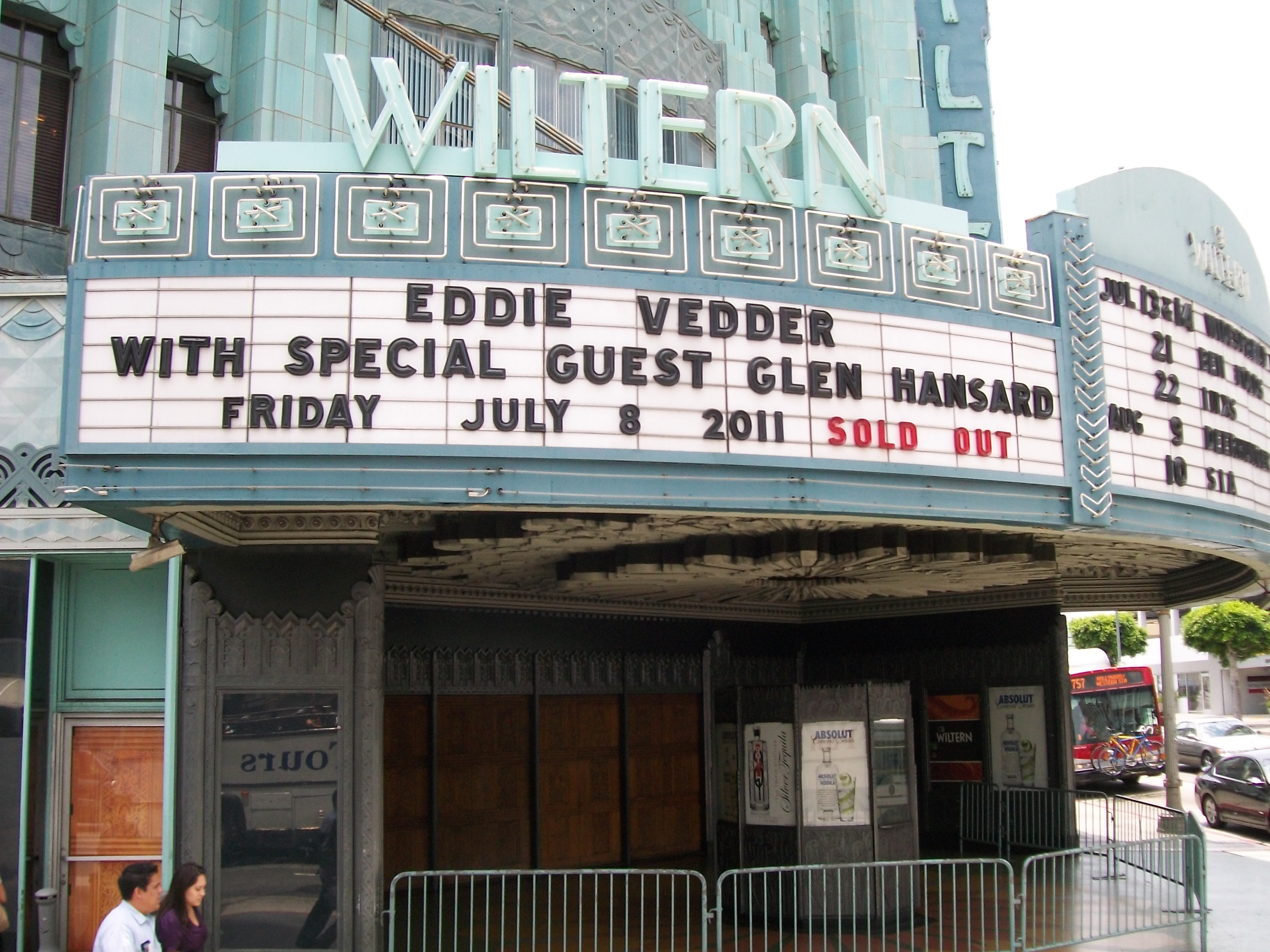 Picture I took of the Eddie Vedder sign outside the Wiltern Theatre, Los Angeles, California.