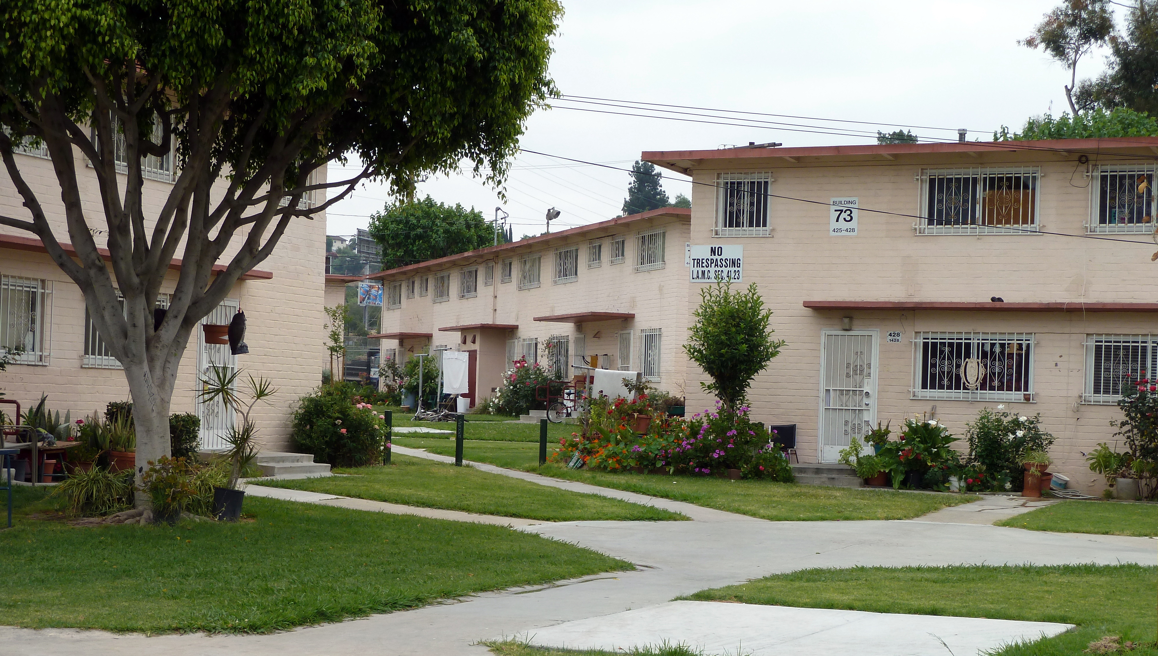 Buildings and landscape at Ramona Gardens in Boyle Heights, Los Angeles, California.