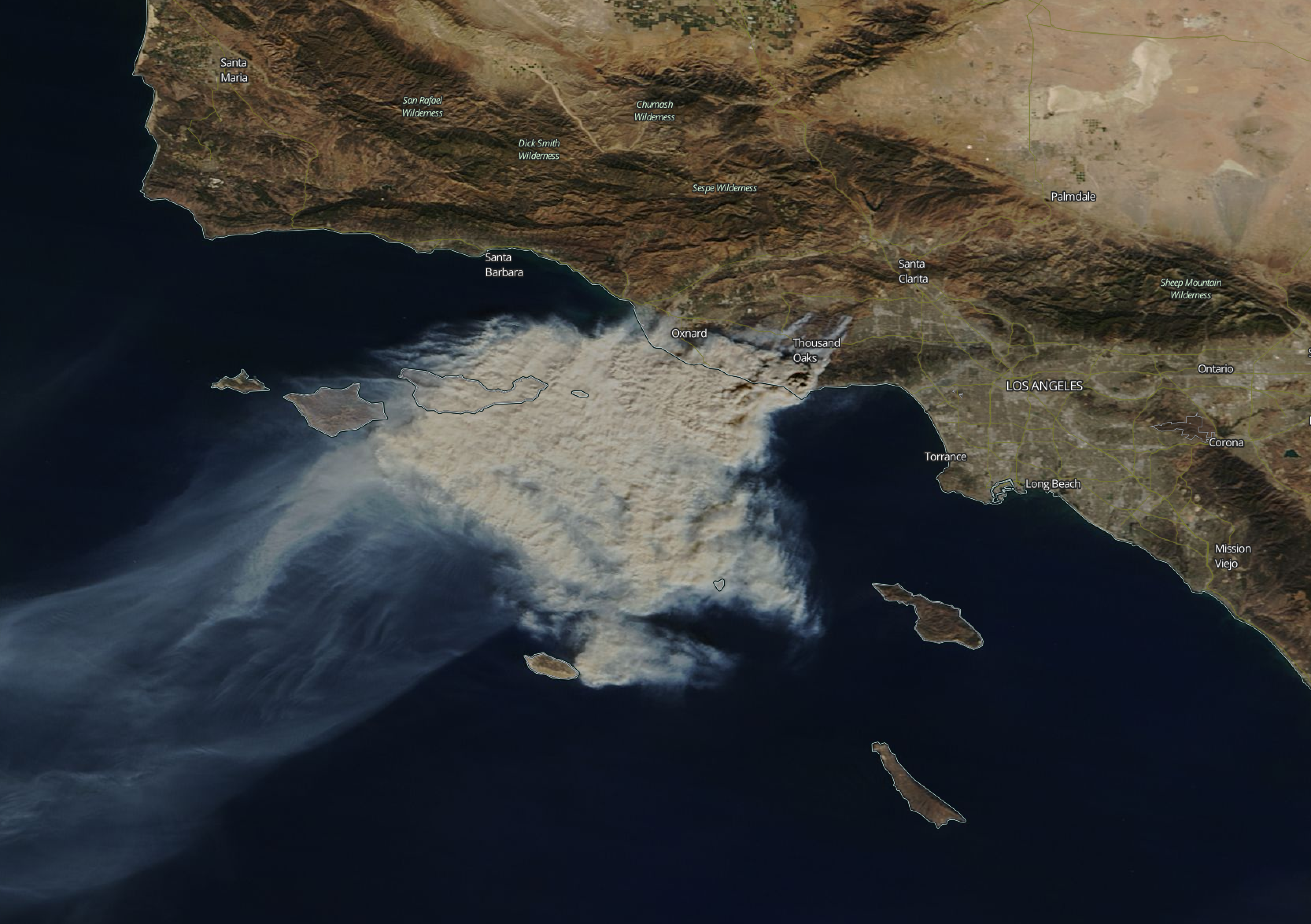 Terra Satellite image of the smoke plume from the Woolsey Fire on November 9, 2018