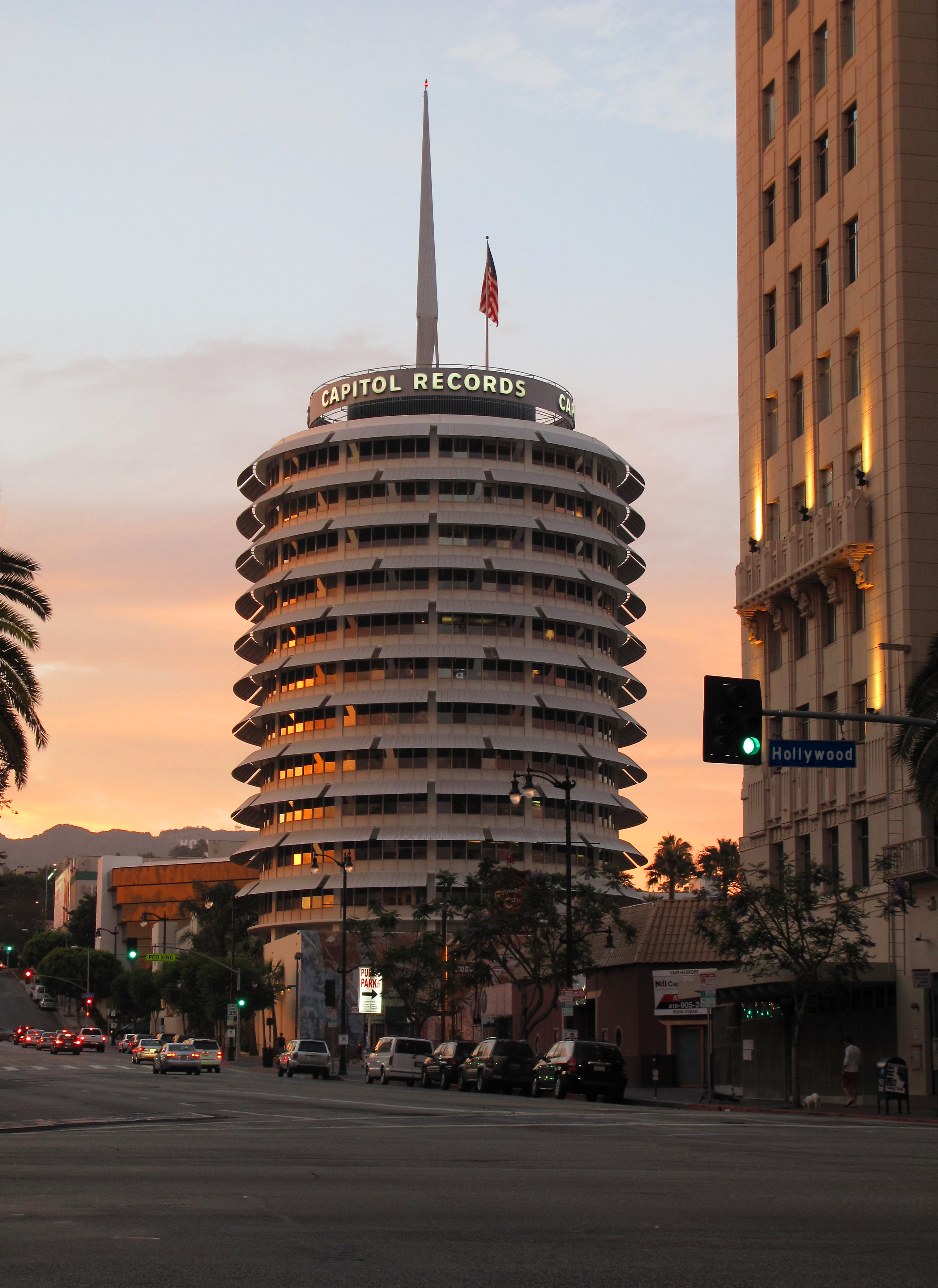 Capitol Records Building, Hollywood, Los Angeles, California; seen from the "Hollywood and Vine" intersection