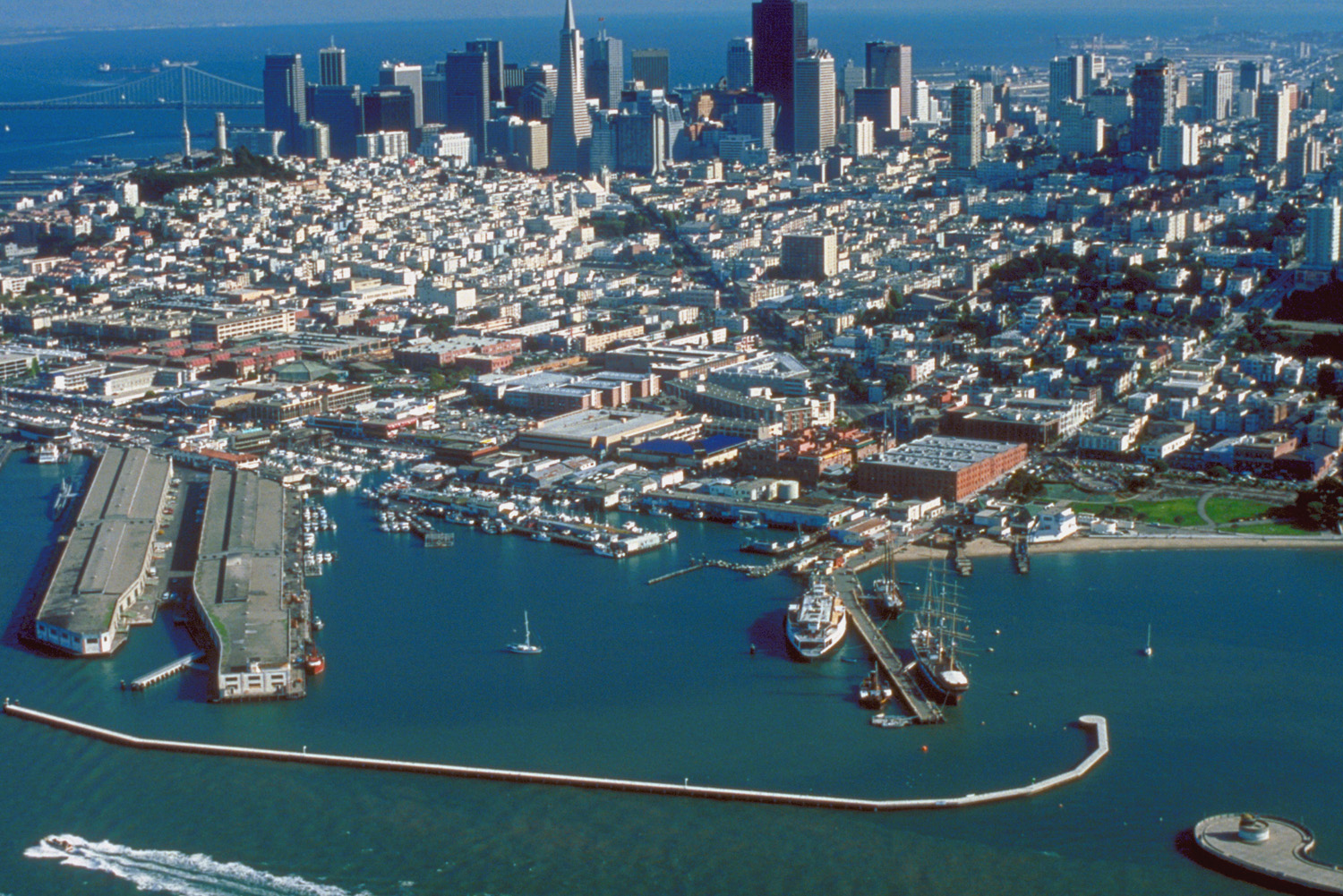 Aerial view of Fisherman's Wharf on San Francisco Bay on the north side of San Francisco, California, USA. View is to the southeast.