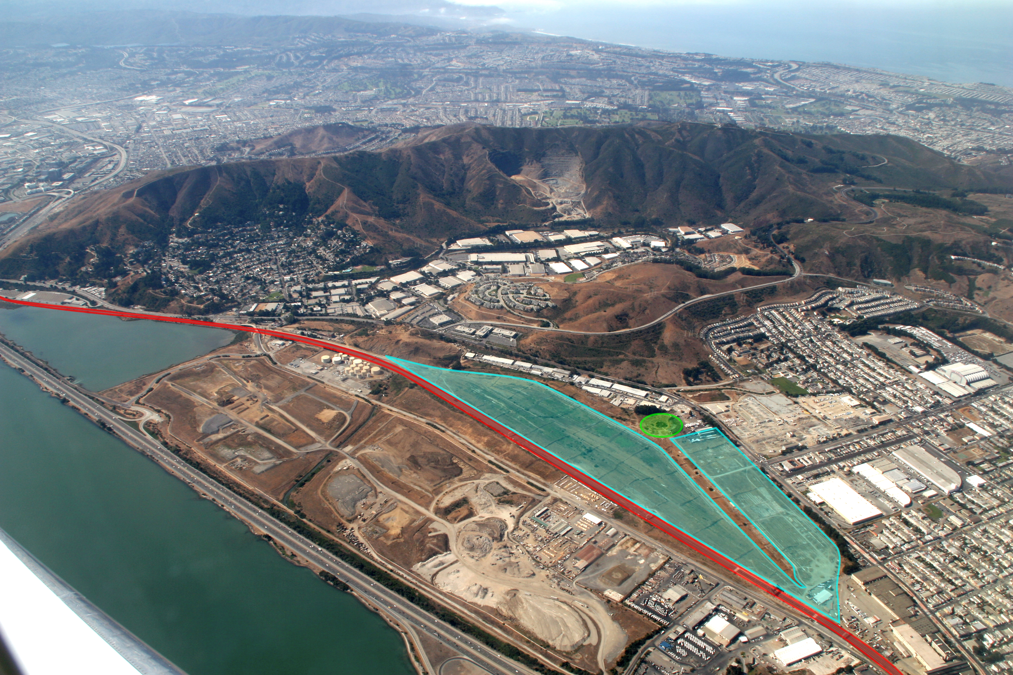 Aerial photograph of Bayshore Railyard with colors added to demarcate:
  Cutoff
  Railyard
  Roundhouse