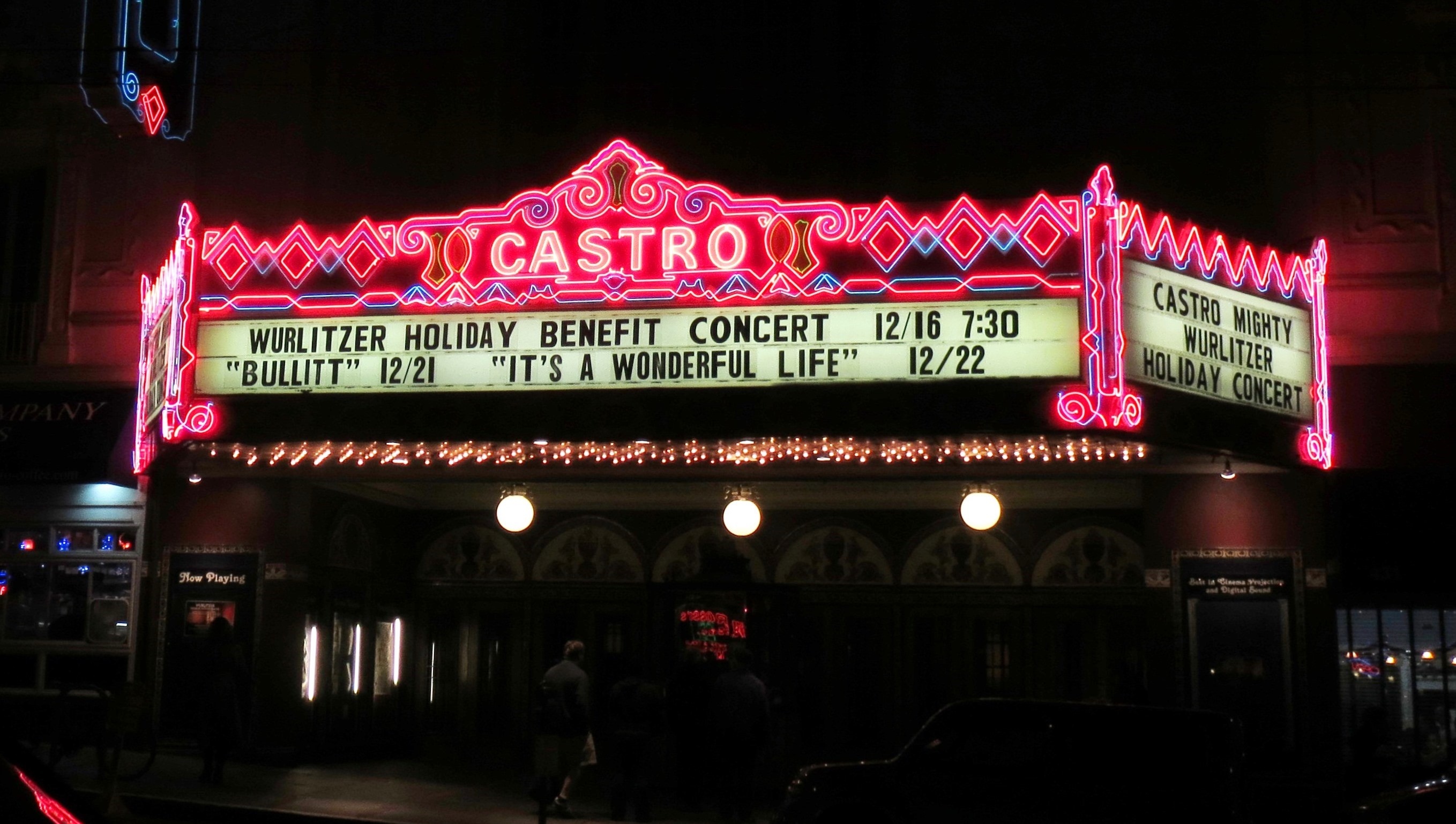 Marquee of the historic Castro Theatre in San Francisco the evening of December 16, 2013. The marquee announces the benefit concert of that evening with David Hegarty at the Mighty Wurlitzer. The concert also included performances by concert organists Nahri Ahn, Ben Bachmann (Grace Cathedral), David Hatt (St. Mary’s Cathedral), and Jerome Lenk (Mission Dolores Basilica). The concert was sponsored by SFCODA.org and all proceeds went toward saving and enhancing the Castro Wurlitzer organ.