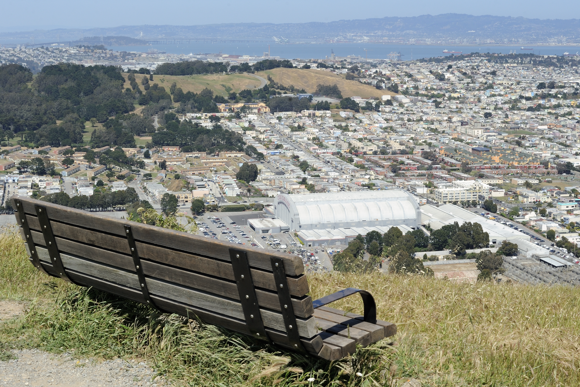 View from the Saddle Loop trail in San Bruno Mountain State Park to the Cow Palace and San Francisco's Visitacion Valley
