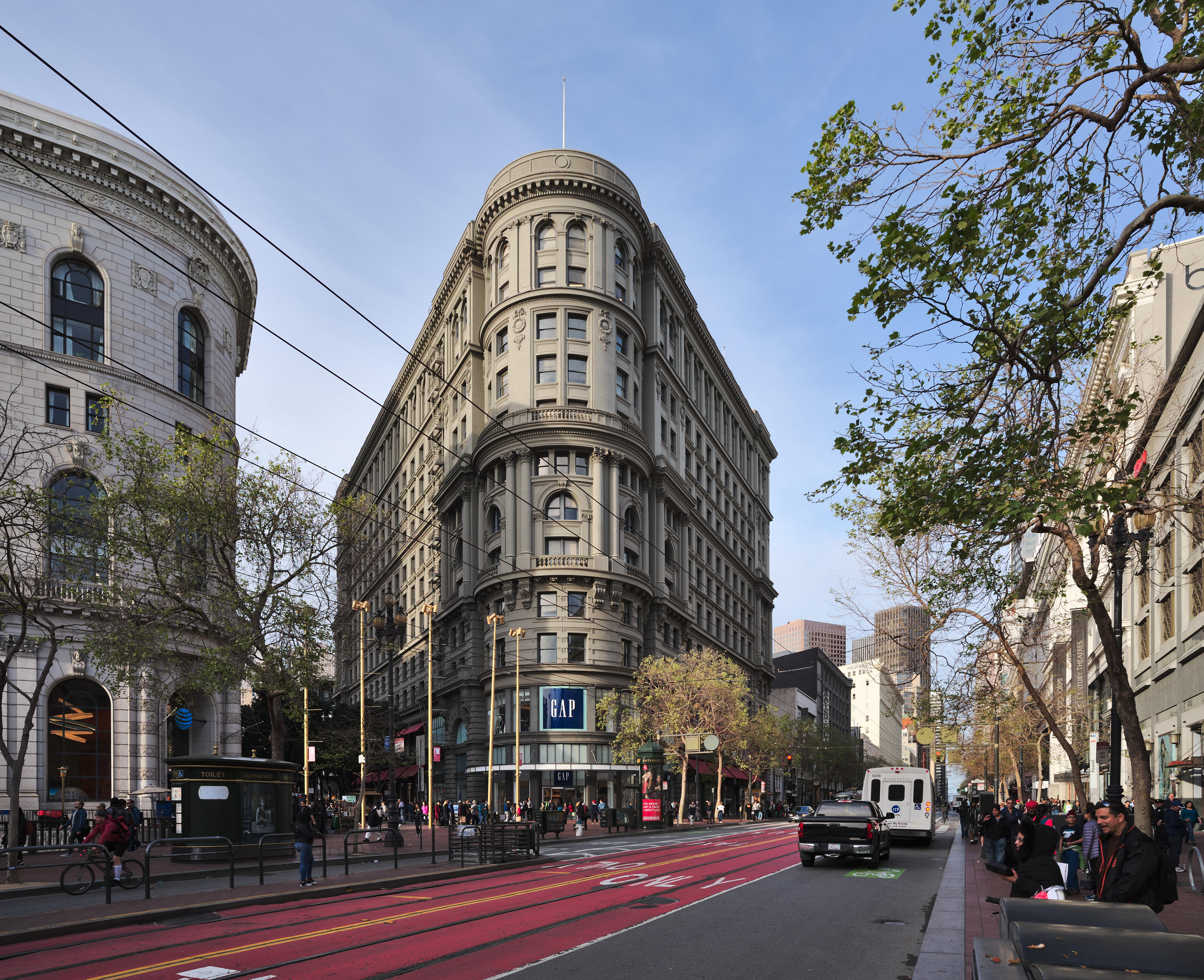 The Flood Building is a 12 storey flatiron in San Francisco.