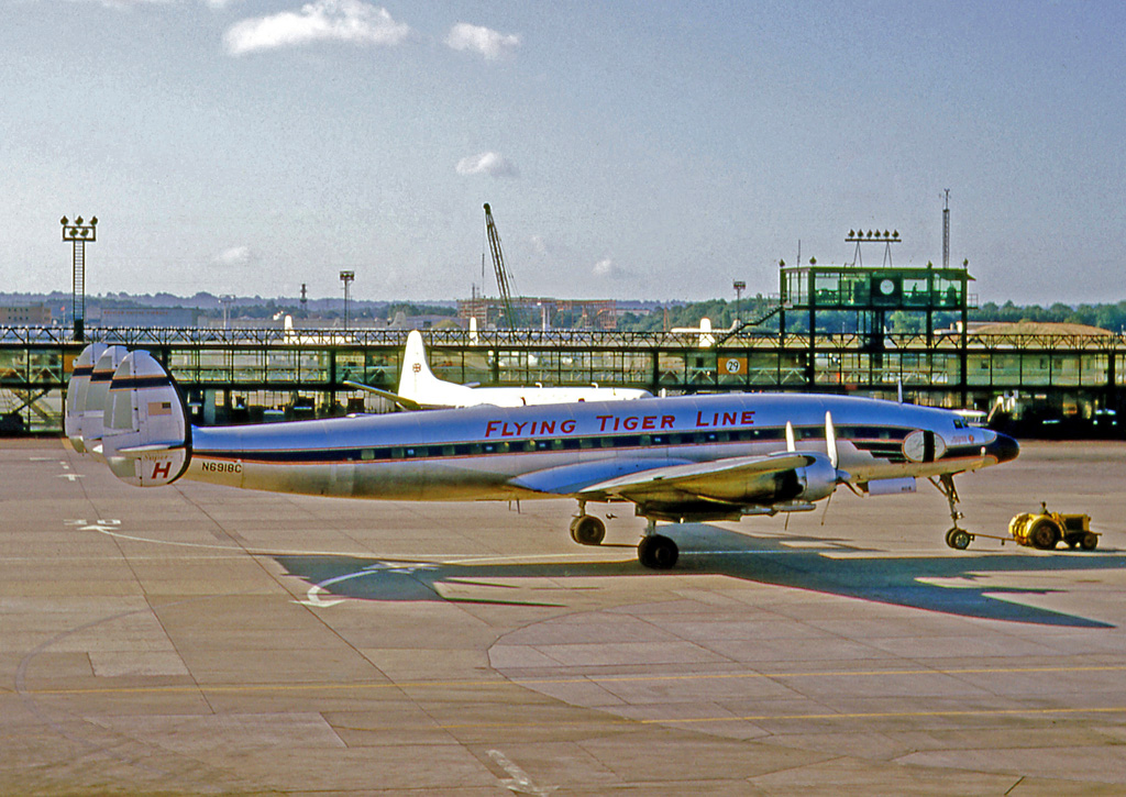 Lockheed L-1049H Super Constellation N6918C of Flying Tiger Line at London Gatwick in 1964