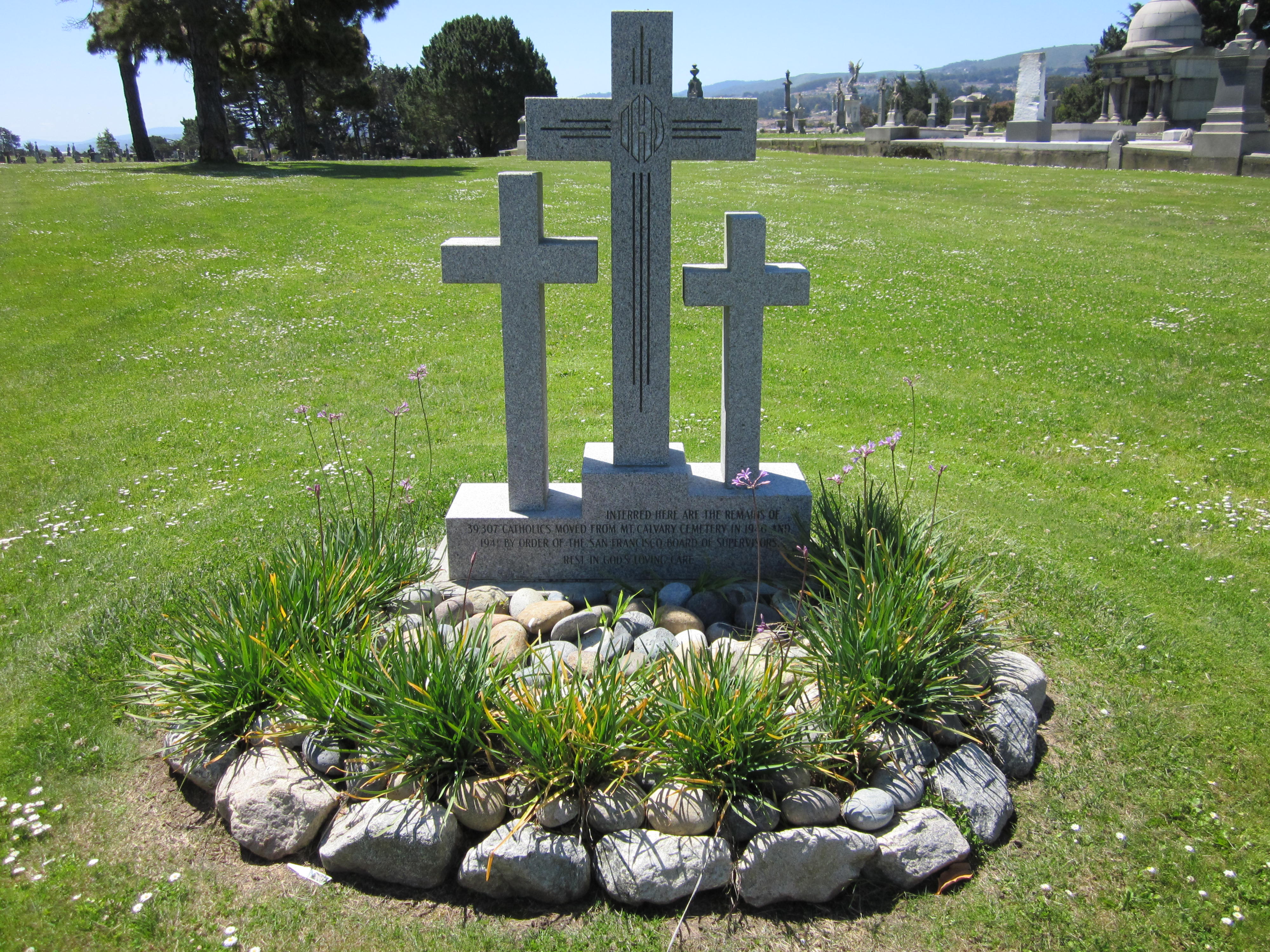 A memorial to Catholics relocated to Holy Cross from Mt. Calvary Cemetery in San Francisco at Holy Cross Cemetery in Colma, California.