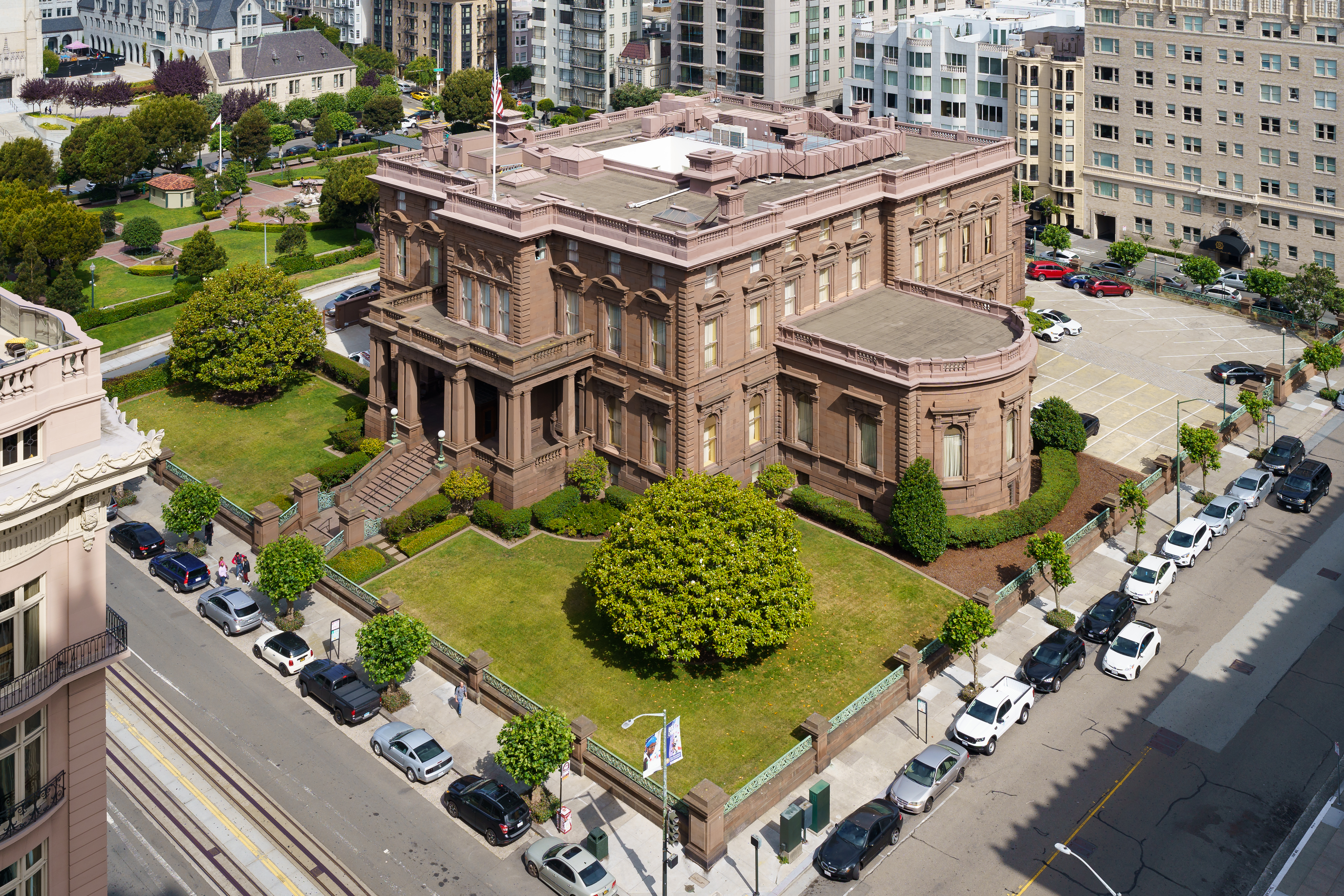 The James C. Flood Mansion is a historic mansion at 1000 California Street, atop Nob Hill in San Francisco, California. It was built in 1886 as the townhouse for James C. Flood, a 19th-century silver baron. It is the only mansion on Nob Hill to structurally survive the 1906 San Francisco earthquake and fire. It was declared a National Historic Landmark in 1966.