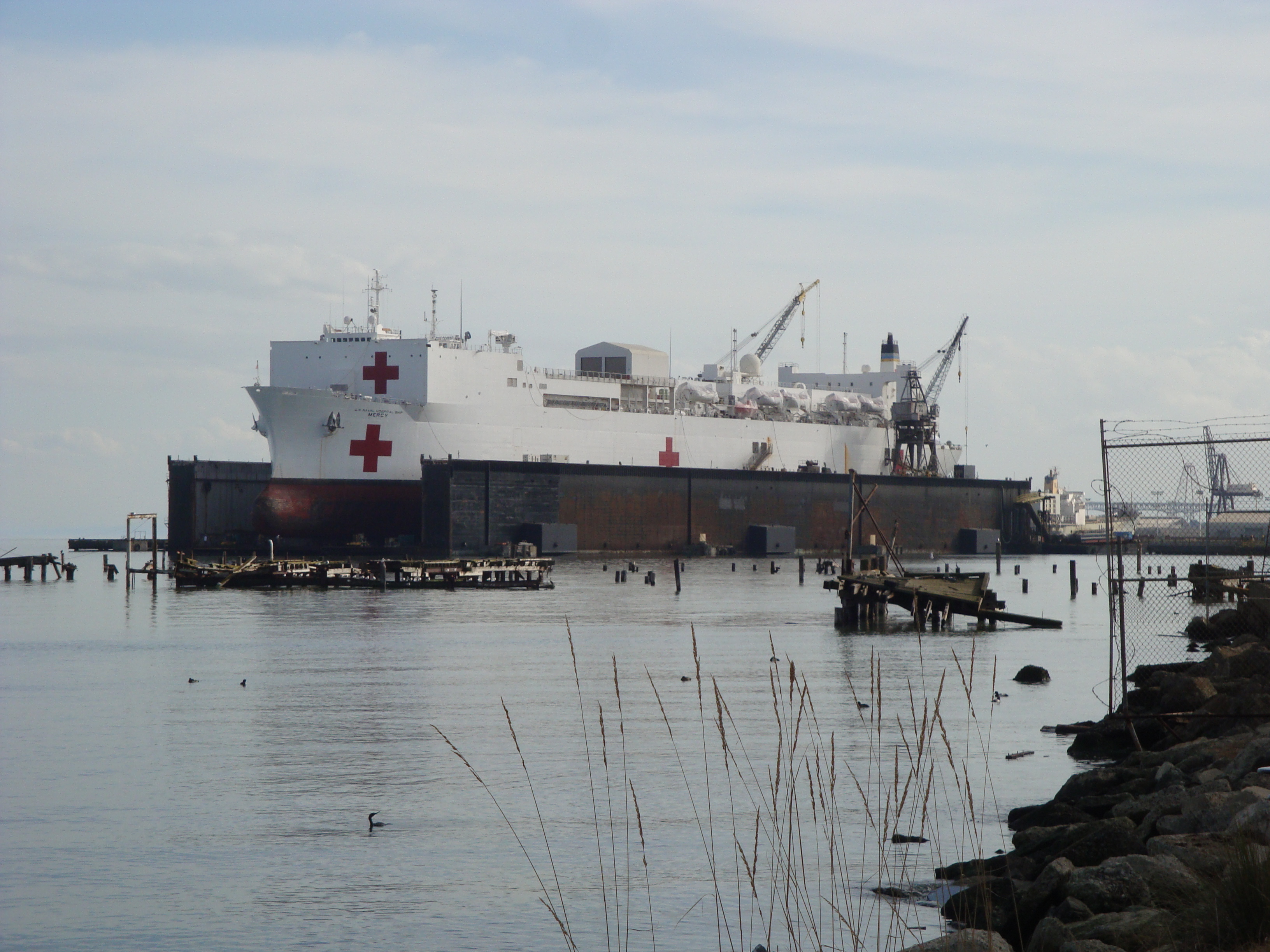USNS Mercy (T-AH-19) in dry dock at Pier 70, San Francisco, CA.