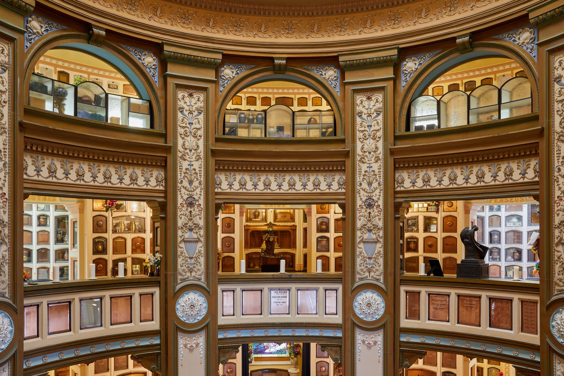Interior view of the San Francisco Columbarium as seen from the second floor. Built in 1898 by architect Bernard J. S. Cahill, the Columbarium is an example of Neo-Classical architecture.