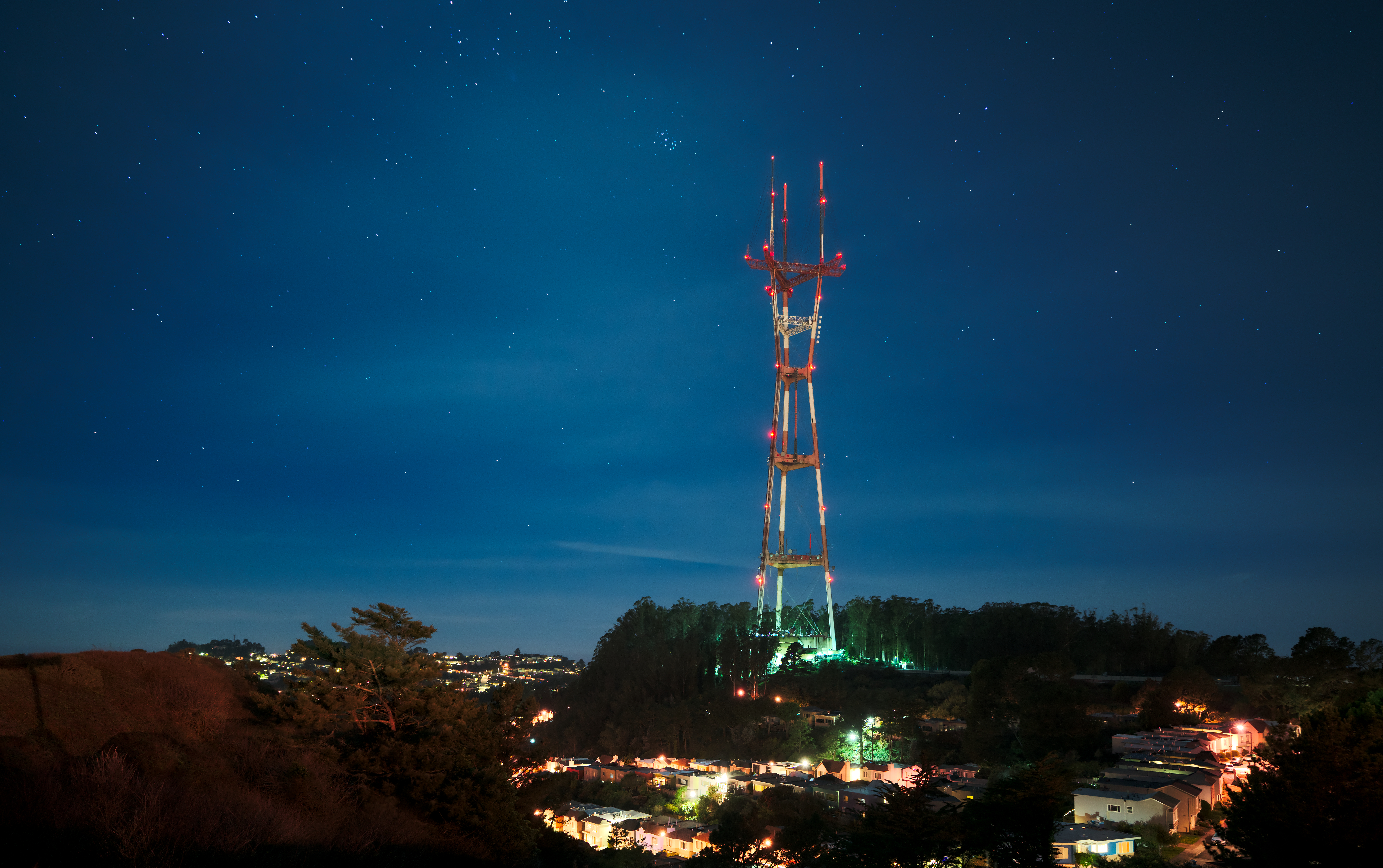 Sutro Tower, a radio antenna in San Francisco, viewed from Twin Peaks eight minutes to midnight.