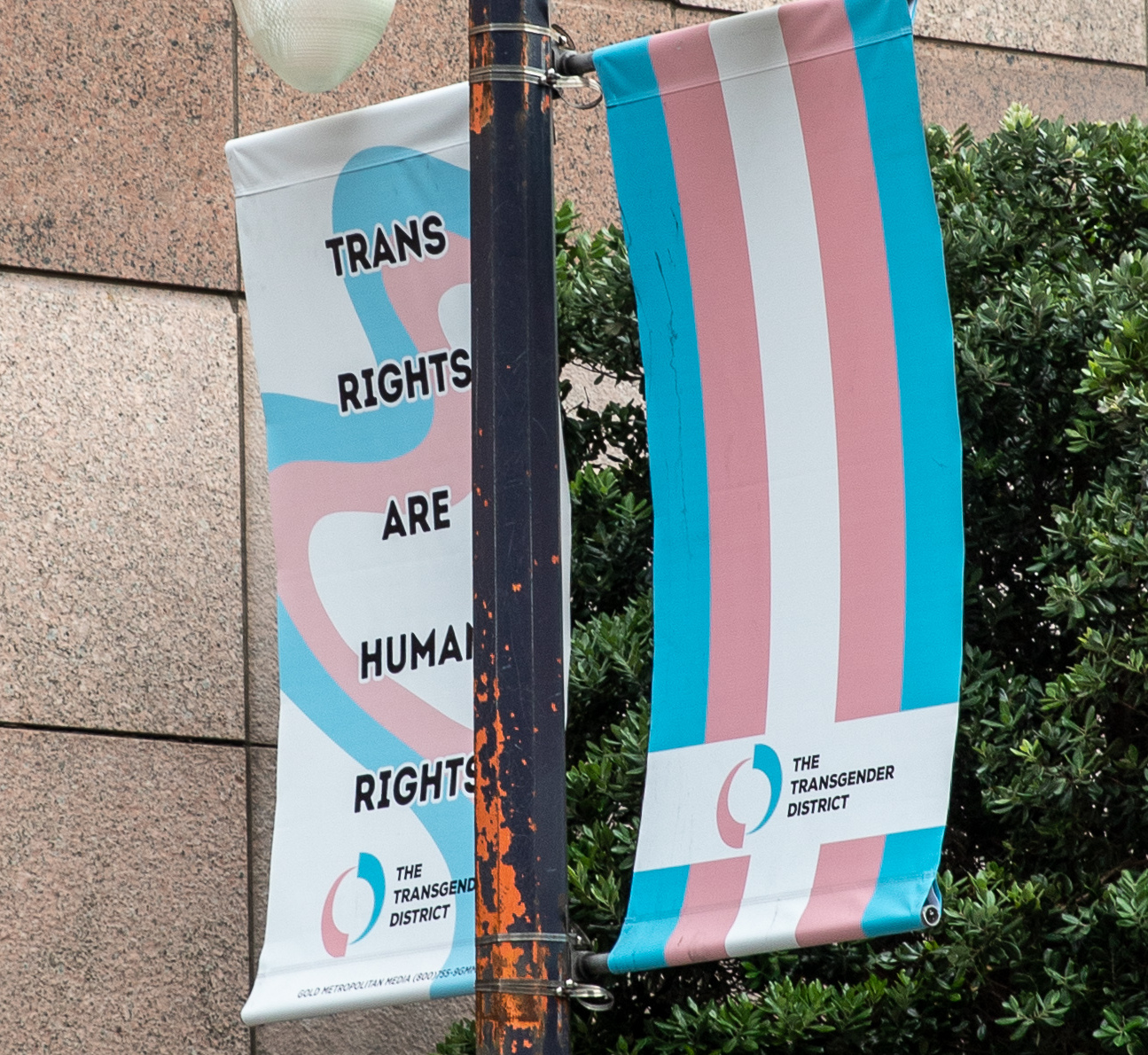 Transgender District lightpole banners with trans flag colors and Trans Rights Are Human Rights text