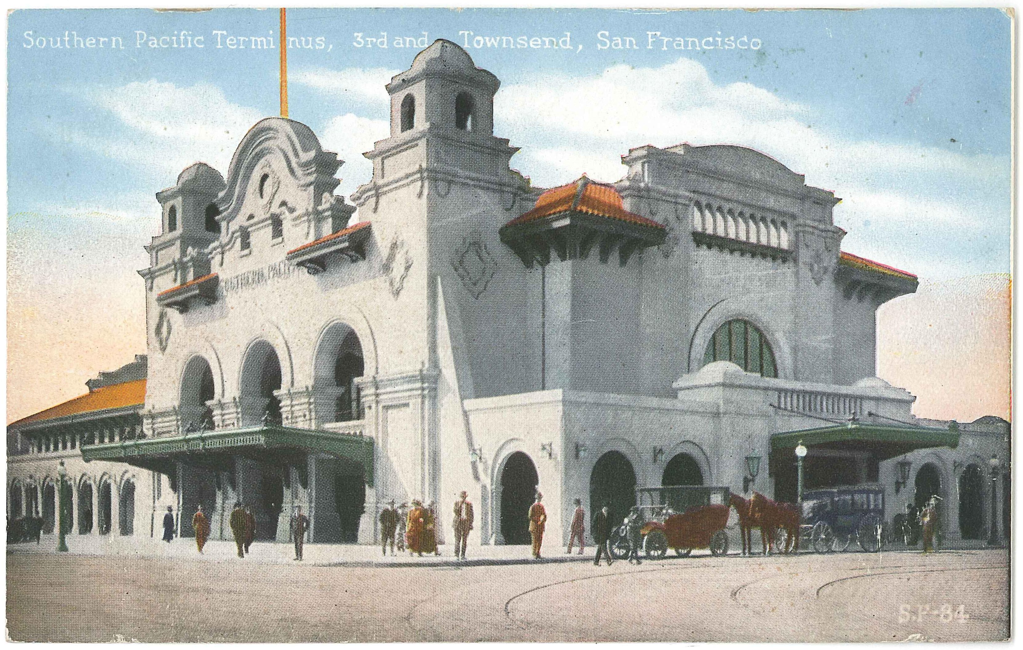 The Southern Pacific Railroad station, the SP's San Francisco terminus — a Mission Revival Style style building built in 1913.
Formerly at 3rd and Townsend, in the South of Market district of San Francisco. Demolished in the 1970s.