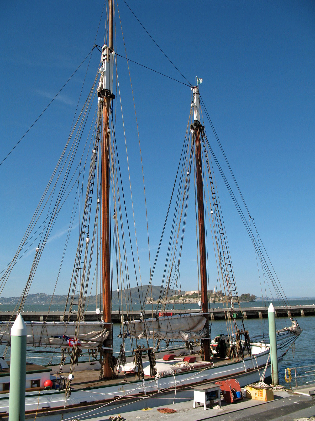 National Register of Historic Places in San Francisco, California. 

Starboard view of scow schooner "Alma", San Francisco Maritime National Historic Park, San Francisco, California, USA. Photographed 2008-03-08 by Mike Hofmann from Hyde Street Pier walkway. The "Alma" was built in 1891. 
Camera location37° 48′ 36.72″ N, 122° 25′ 22.08″ W View this and other nearby images on: OpenStreetMap 37.810200; -122.422800