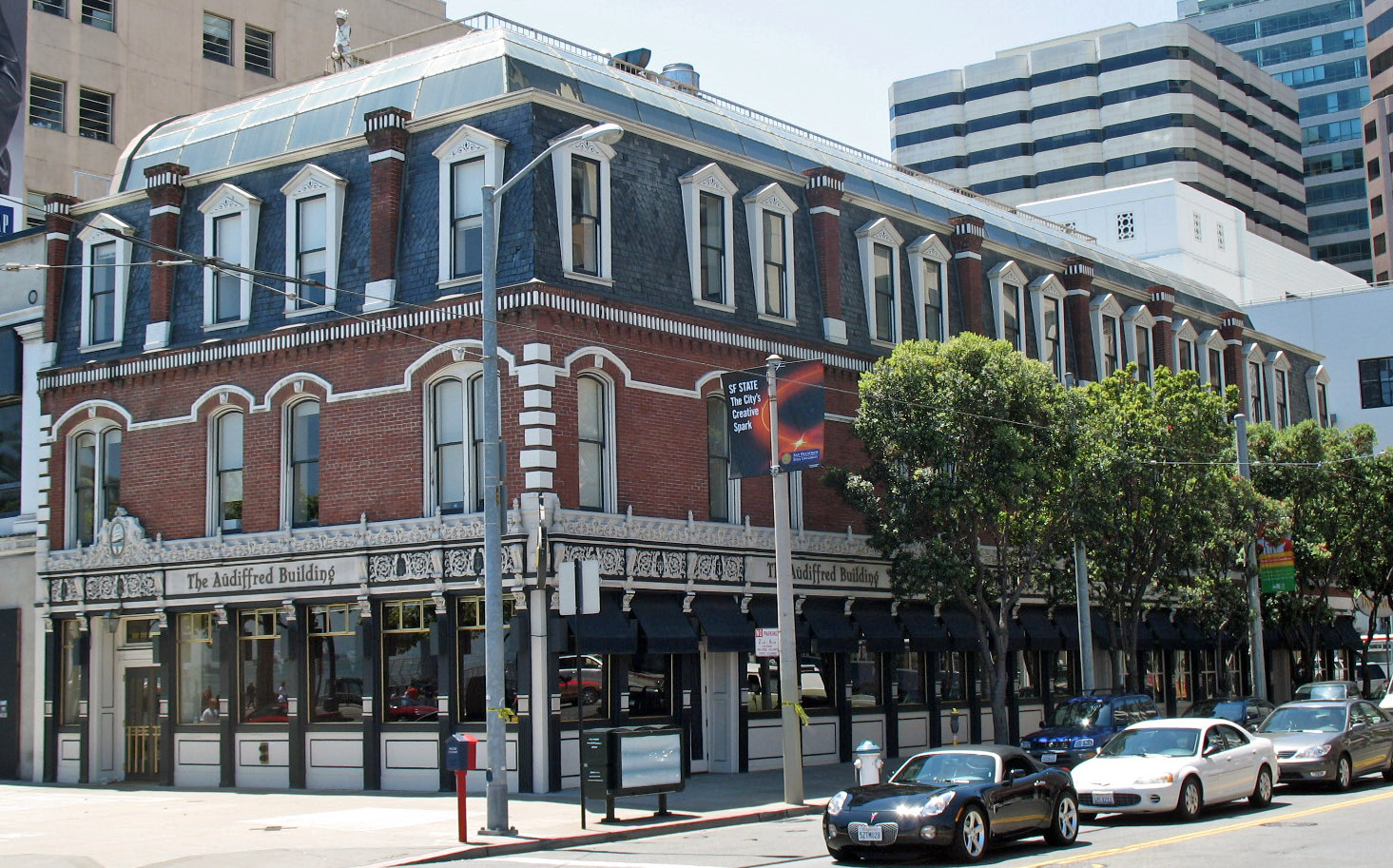 National Register of Historic Places in San Francisco, California. 

Audiffred Building, 1-21 Mission St., San Francisco, California, USA. Photographed 2008-06-01 from the northeast corner of The Embarcadero and Mission St. 
Camera location37° 47′ 37.86″ N, 122° 23′ 33.42″ W View this and other nearby images on: OpenStreetMap 37.793851; -122.392617