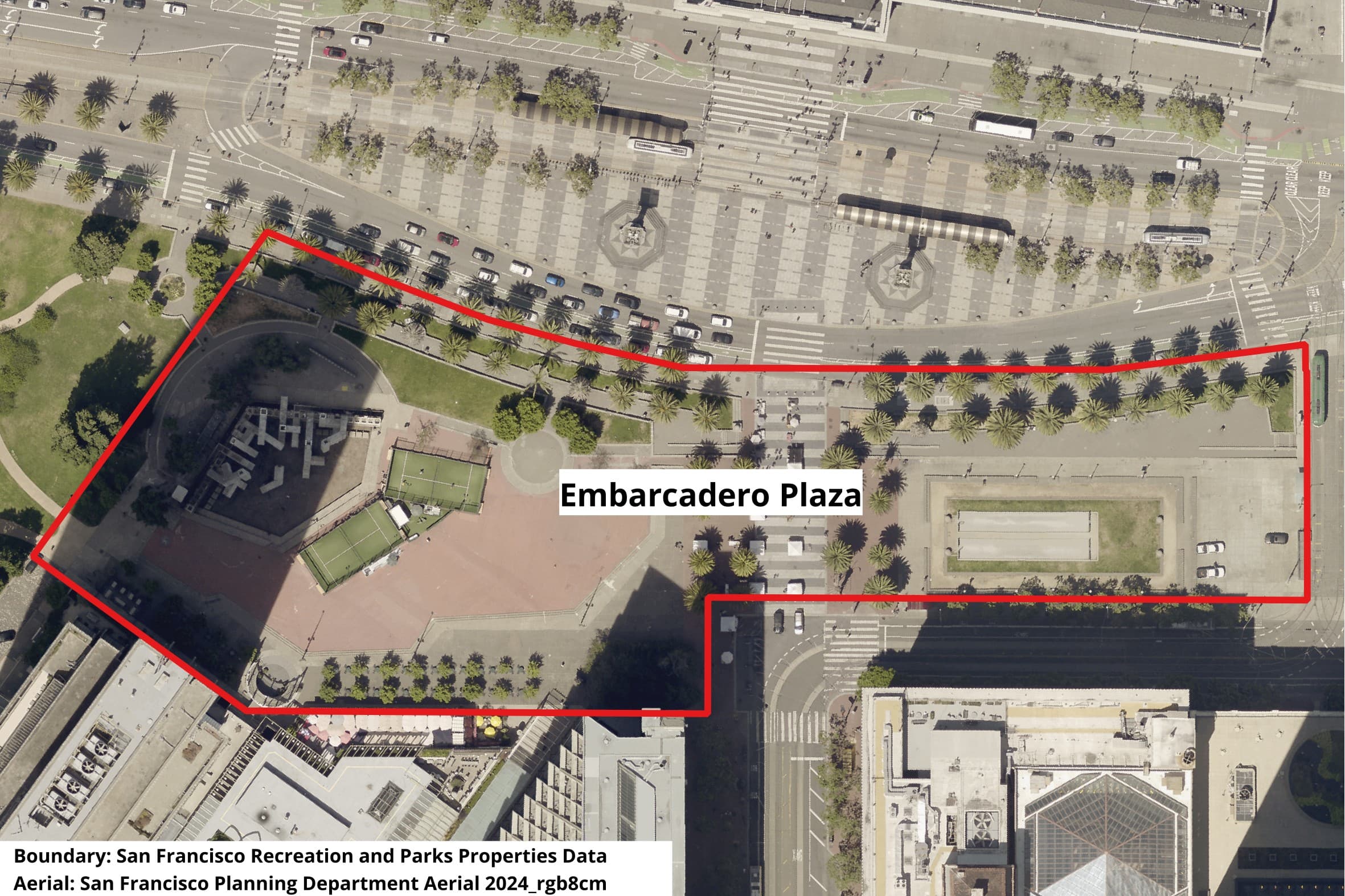 2024 aerial of Embarcadero Plaza in San Francisco, California, United States with the park boundary shown.