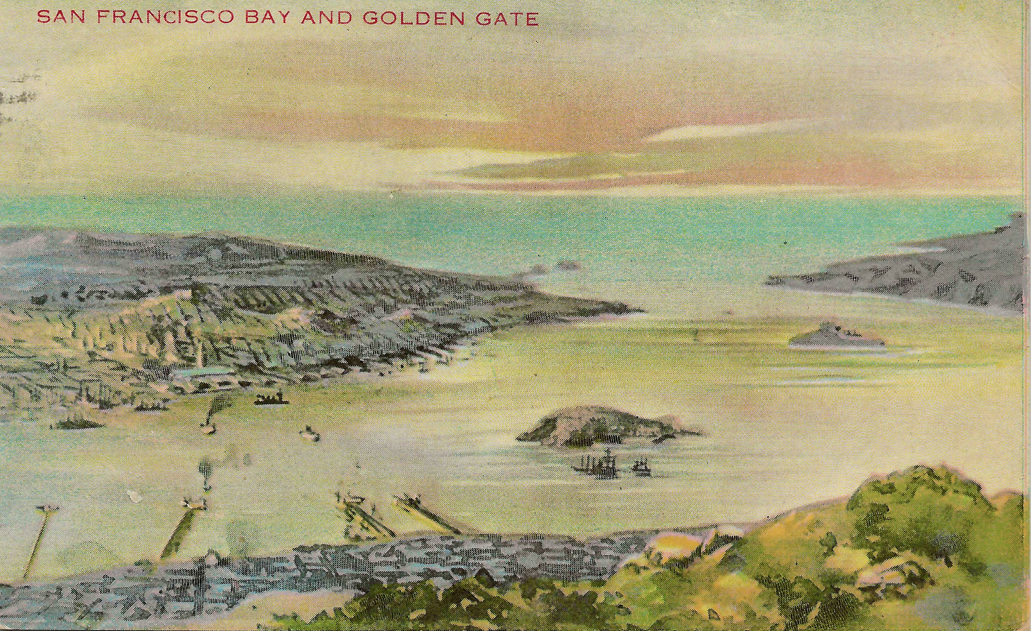 Postcard of San Francisco Bay and Golden Gate by Pacific Novelty Company Postcards, circa 1910.