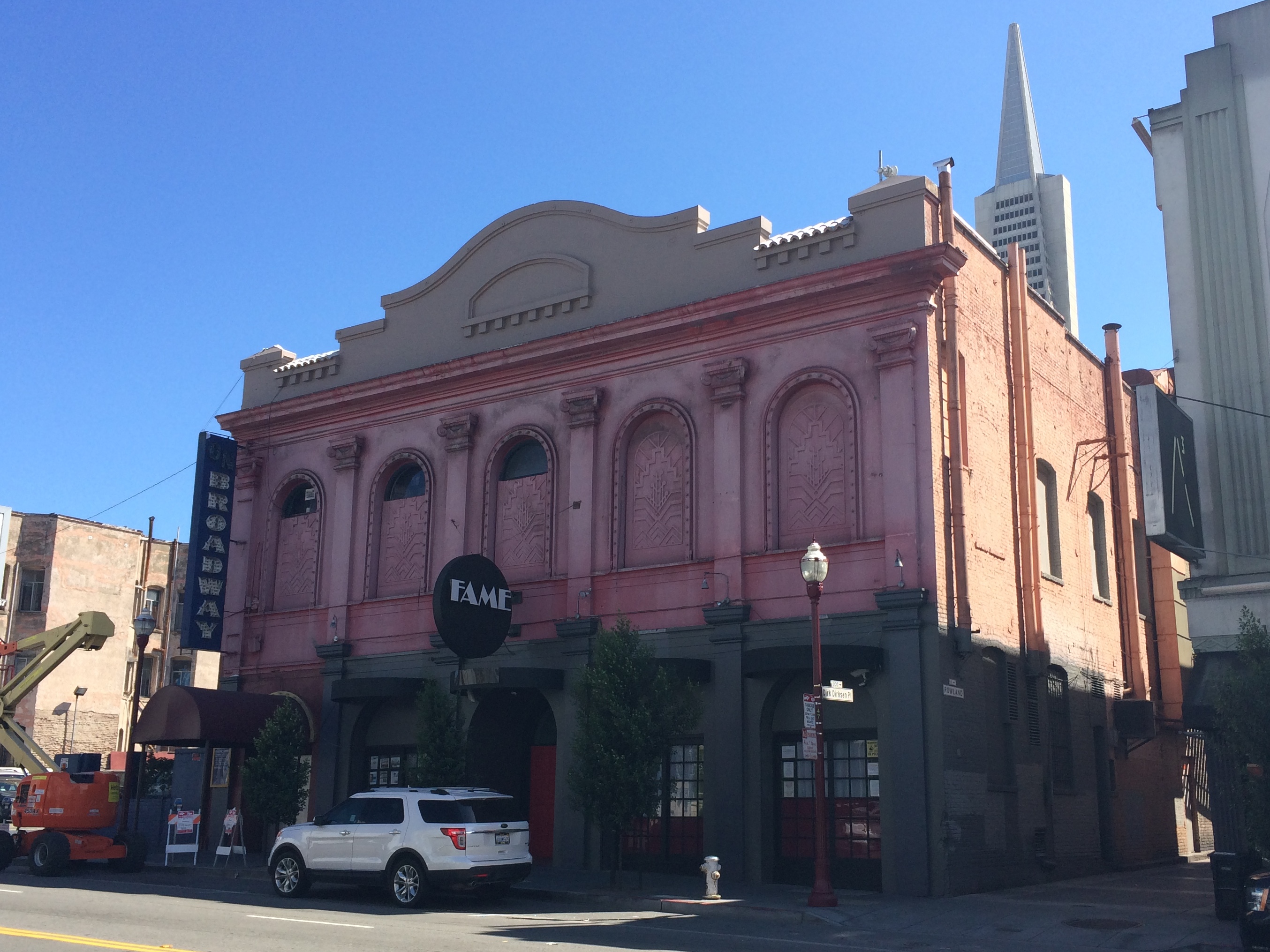 Broadway Studios at 435 Broadway Street and Fame Venue at 443 Broadway Street in San Francisco. Constructed in 1919 as the Garibaldi Hall, called the Mabuhay Gardens in the 1970s, later the On Broadway Theater.