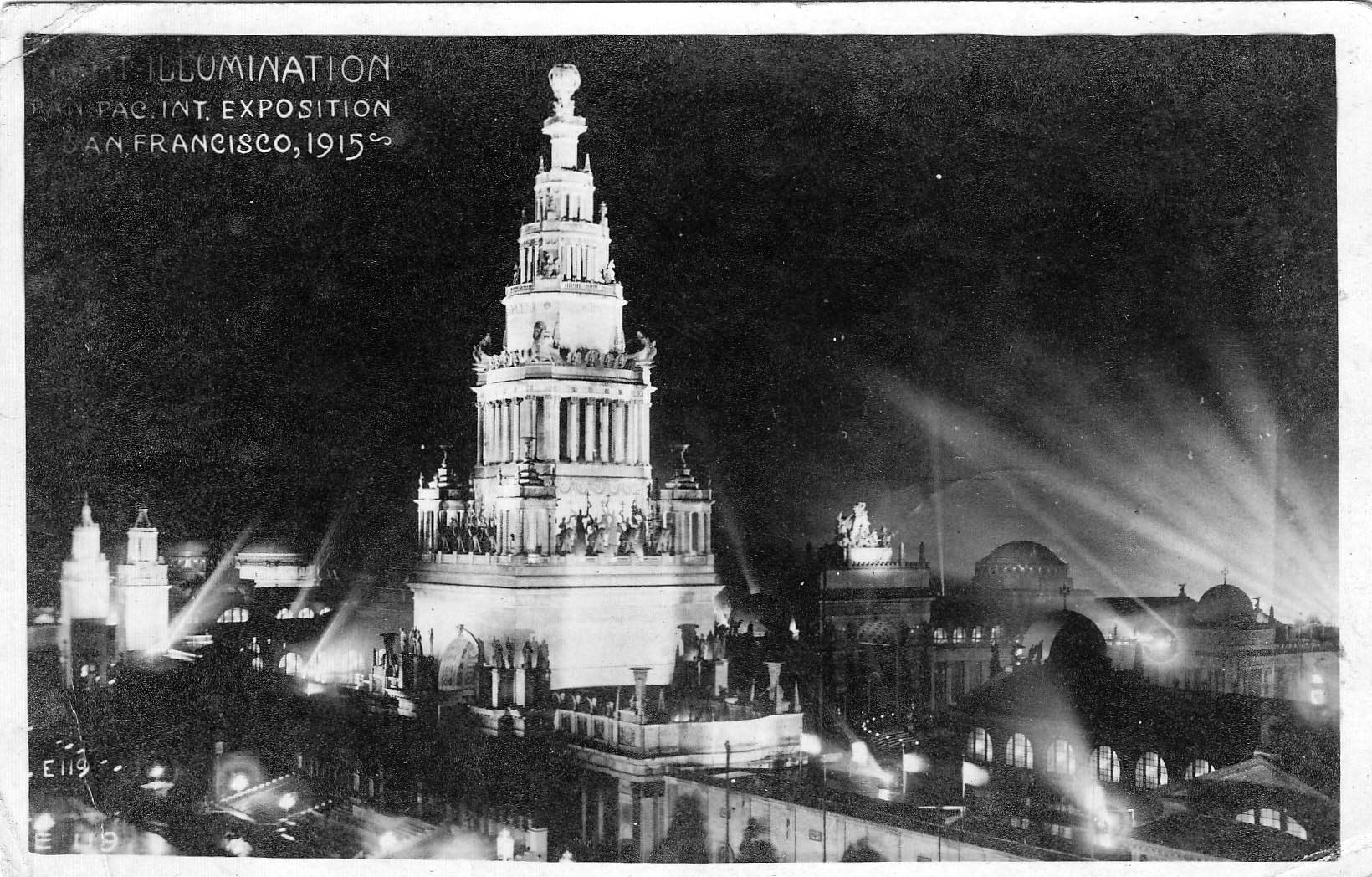 Postcard of the Tower of Jewels at night.