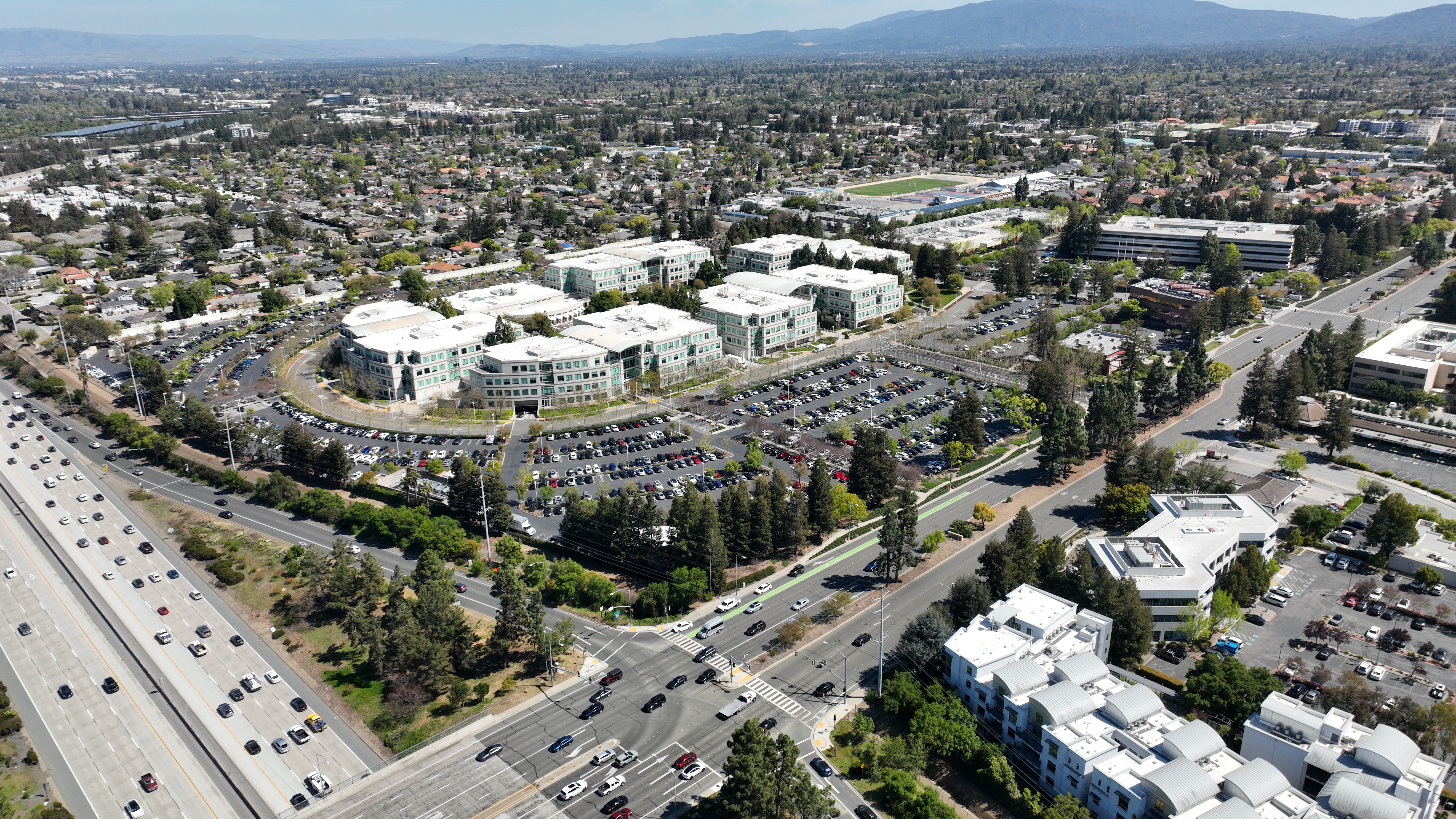 Apple's former Cupertino headquarters at One Infinite Loop, near Interstate 280. Taken in 2023 on a DJI Mavic 3