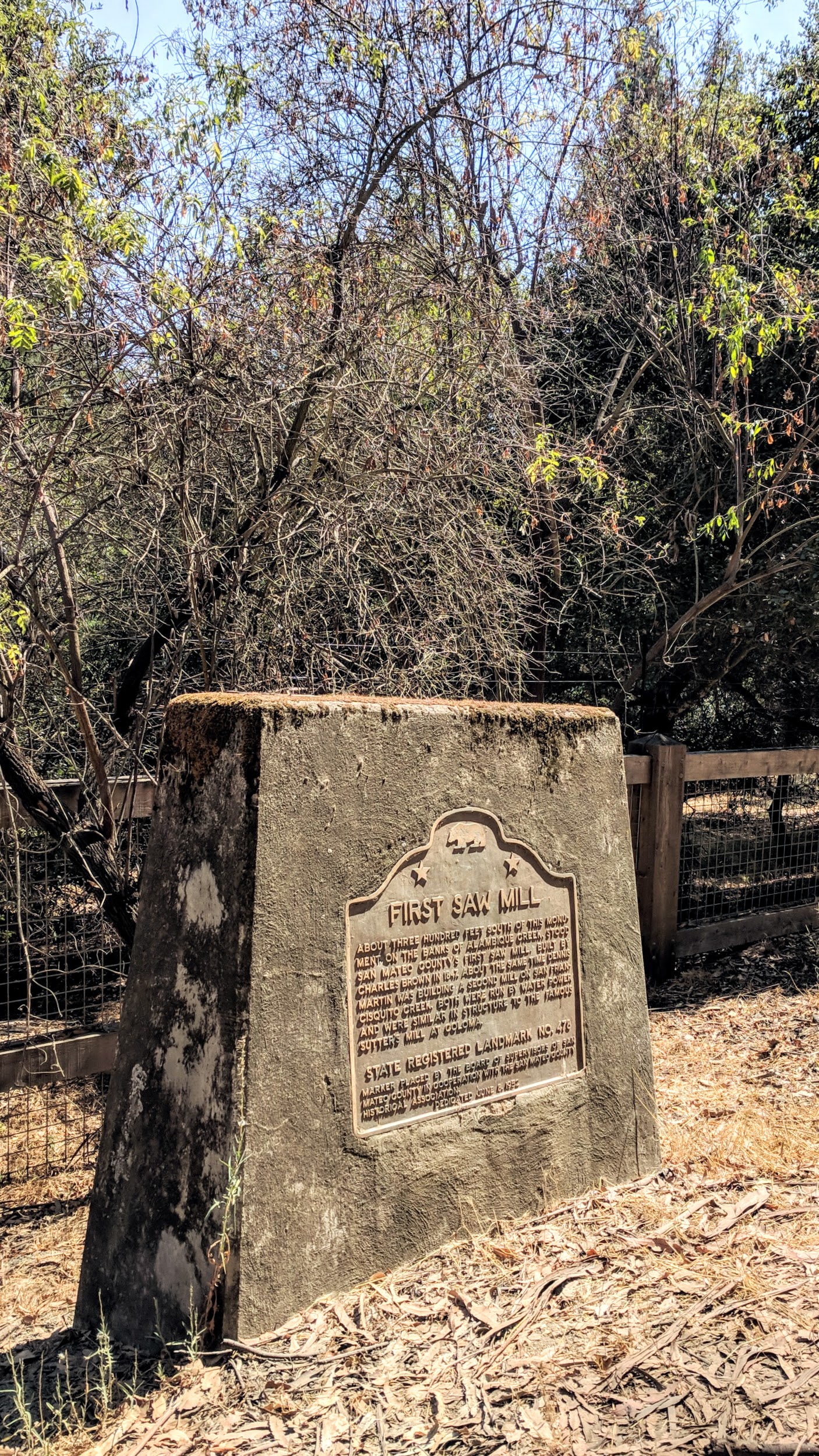 California State Registered Landmark number 478, a monument to Charles Brown's mill, the first sawmill in San Mateo County, 1847.  Marker is on Portola Road, near La Honda Road, Woodside.
