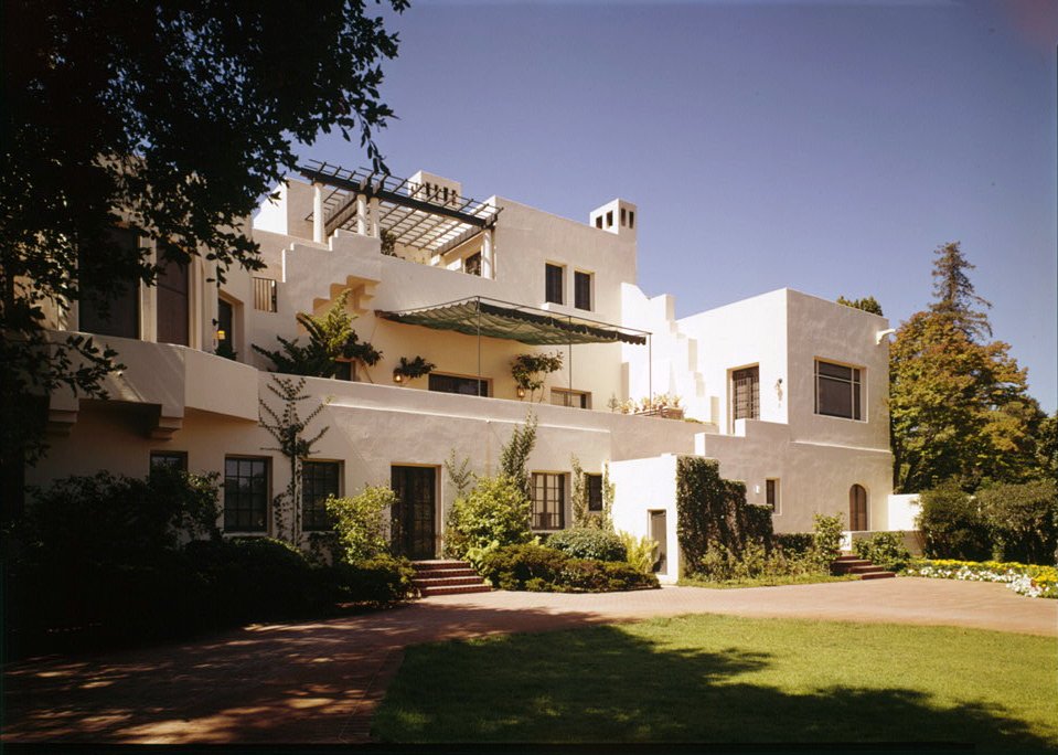 View of Lou Henry and Herbert Hoover House from the east — Stanford University, Palo Alto, California.

Built in 1920, a National Historic Landmark and on the National Register of Historic Places.
Image (1975): HABS—Historic American Buildings Survey of California.