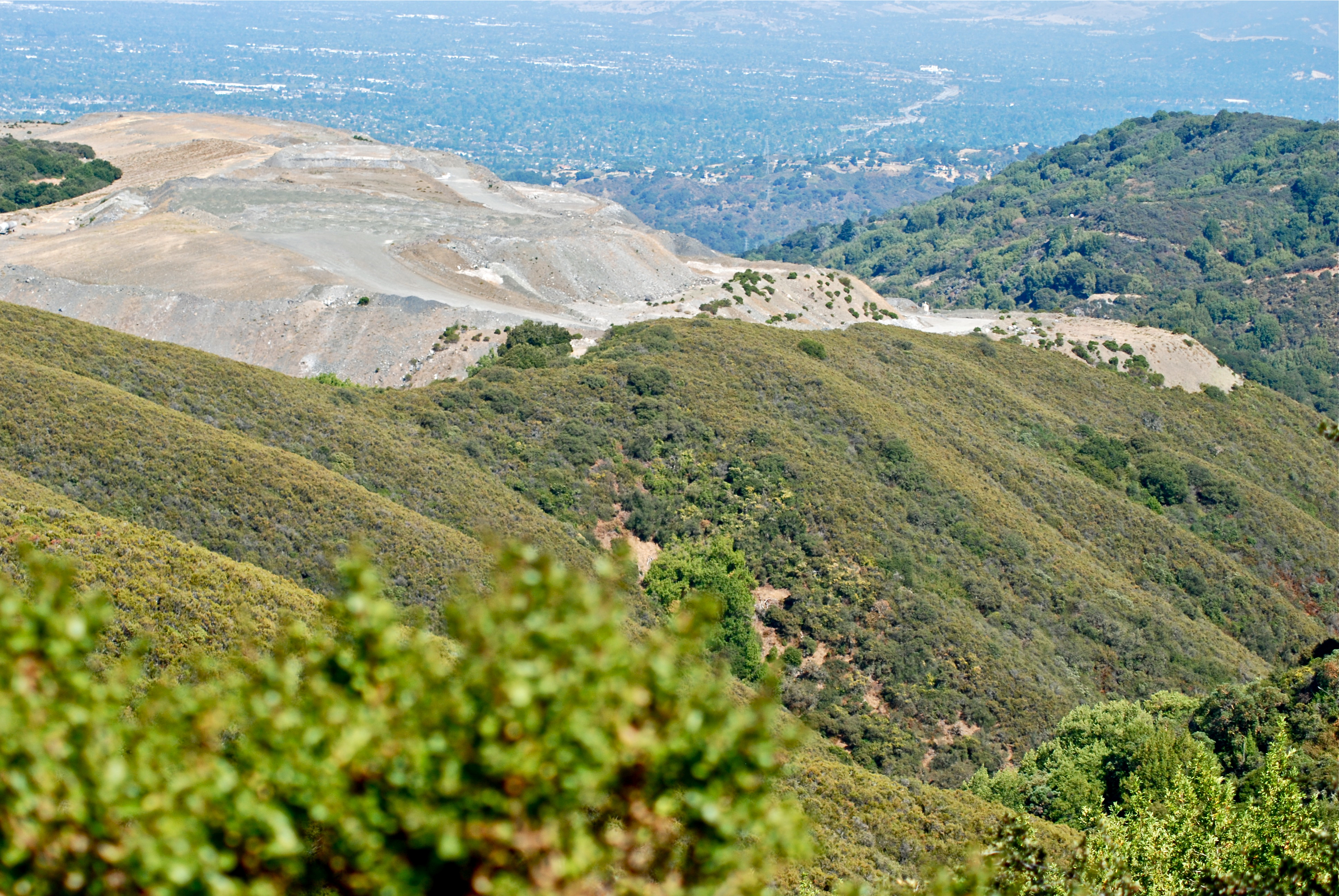 Quarry waste material piled over natural ridge "Permanente Ridge" that borders the Permanente Quarry and Rancho San Antonio County Park, viewed from Quarry Trail and Black Mountain Trail intersection.