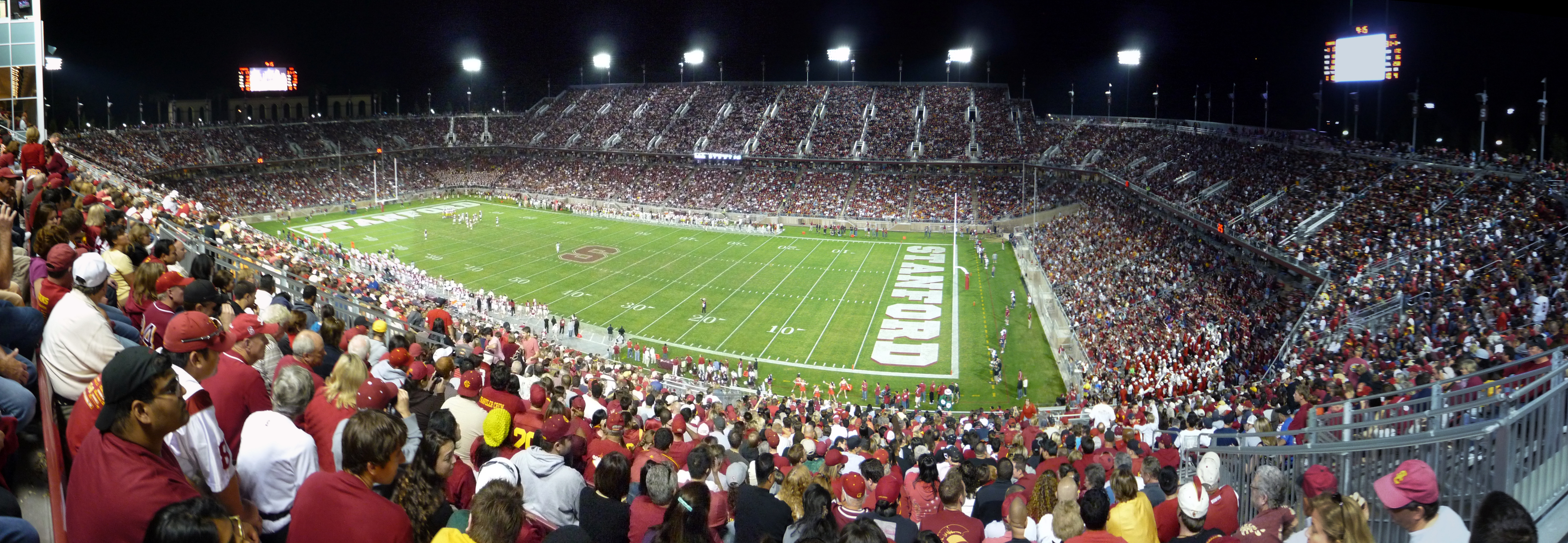 Fourth quarter of a college football game between the visiting No. 6 USC Trojans and the Stanford Cardinal at Stanford Stadium on November 15, 2008.  It was the first sold out game at the new Stanford Stadium, which opened in 2006. USC would win, 45–23.