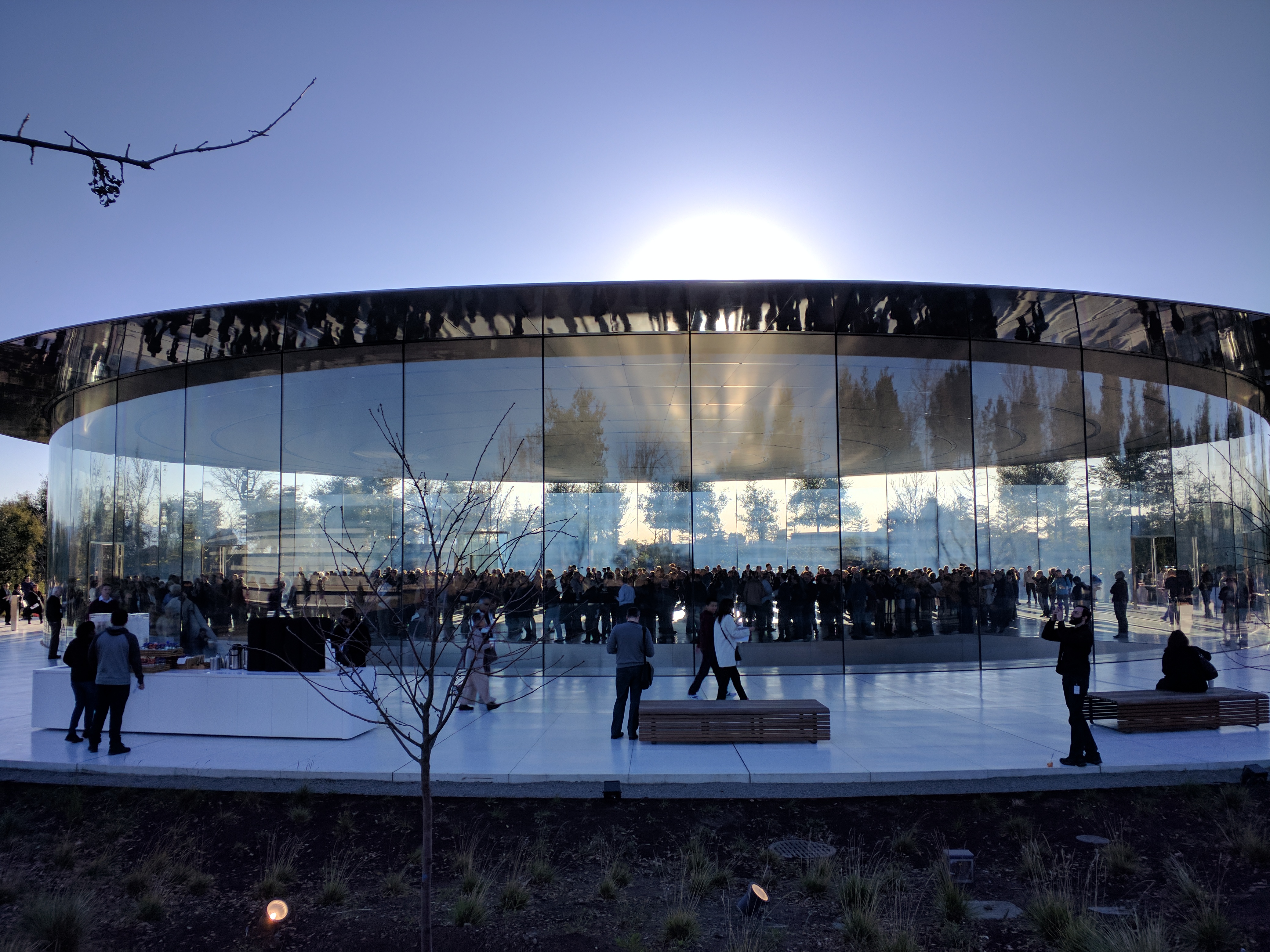 External view of the Steve Jobs Theater at Apple Park in Cupertino, California, USA. Taken before the beginning of Apple's first shareholder meeting held in the theater.