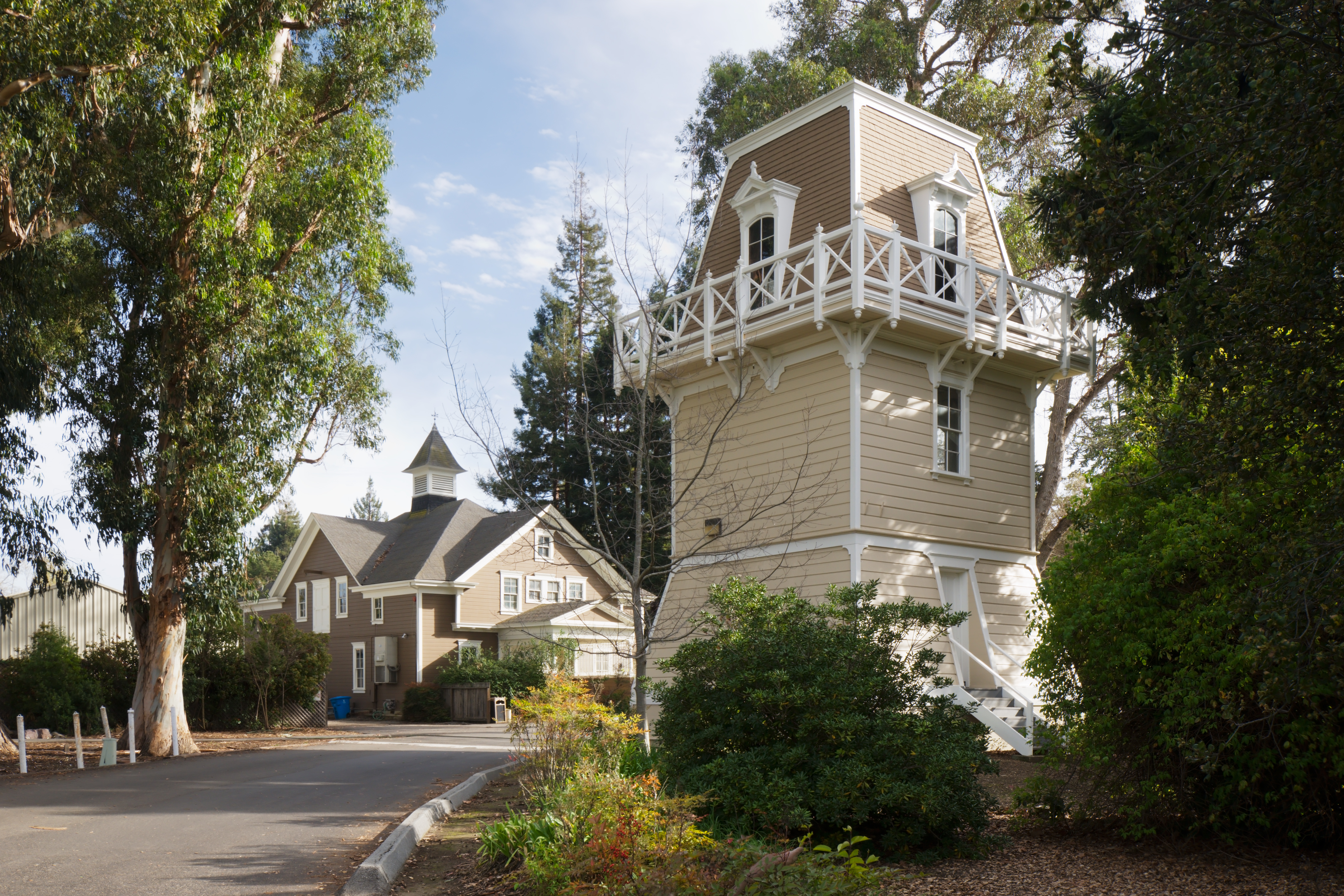 The historic Carriage House and Water Tower in Holbrook-Palmer Park, Atherton, California.