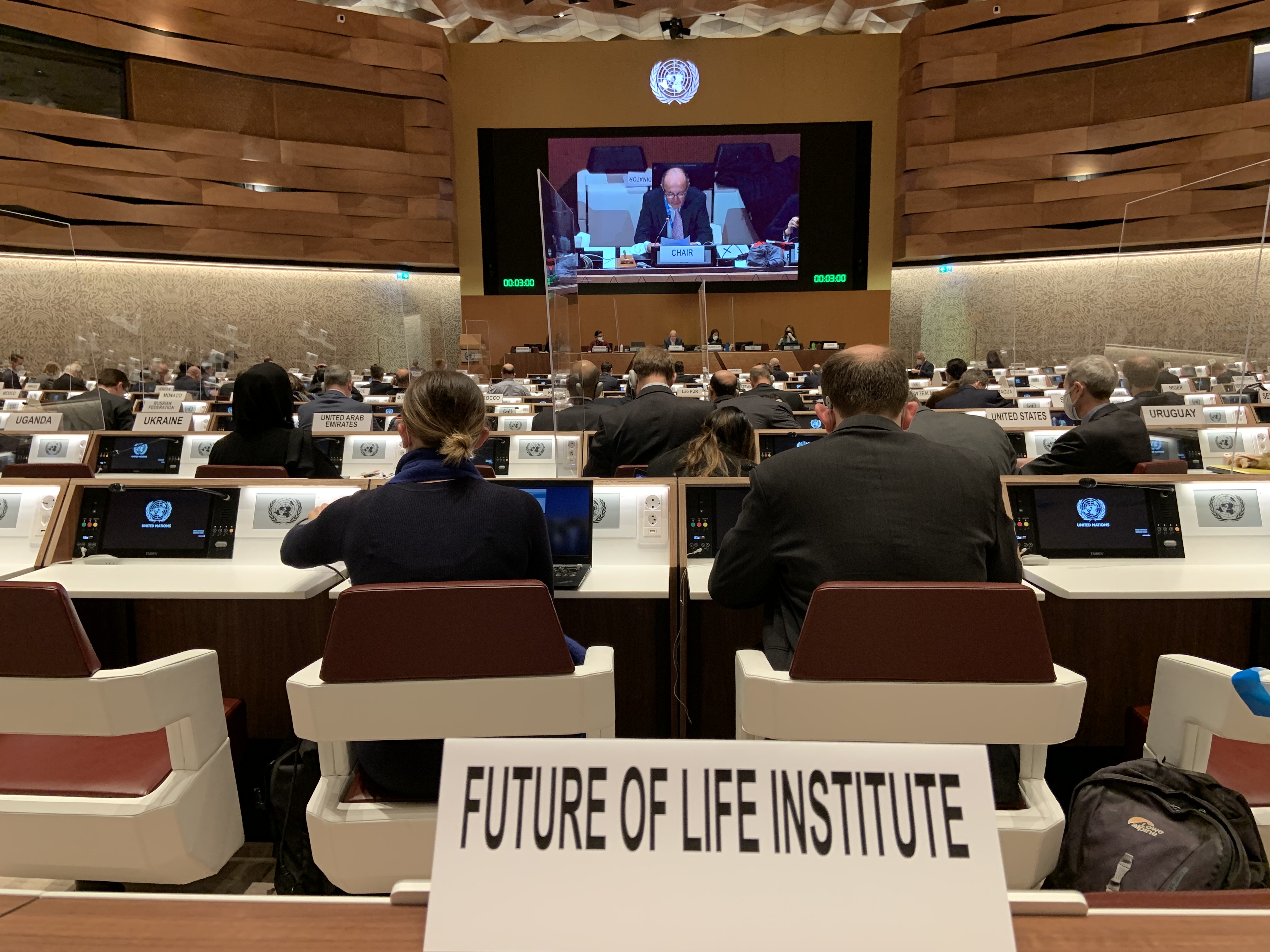 Placard for the Future of Life Institute at the United Nations. Photo was taken at the Geneva headquarters of the UN during a discussion of the Group of Governmental Experts on Lethal Autonomous Weapons Systems in December 2021.