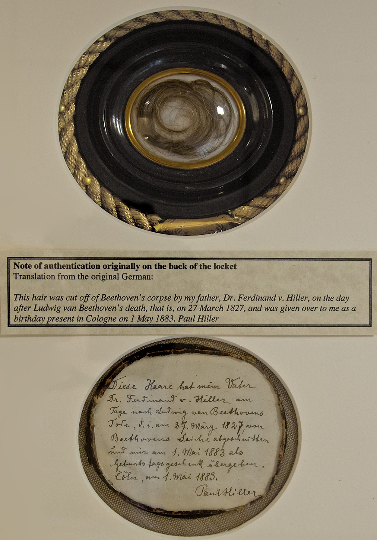 The Guevara Lock is a cut of Beethoven's hair taken after his death in 1827.  It is now part of the collection of the Ira F. Brilliant Center for Beethoven Studies.