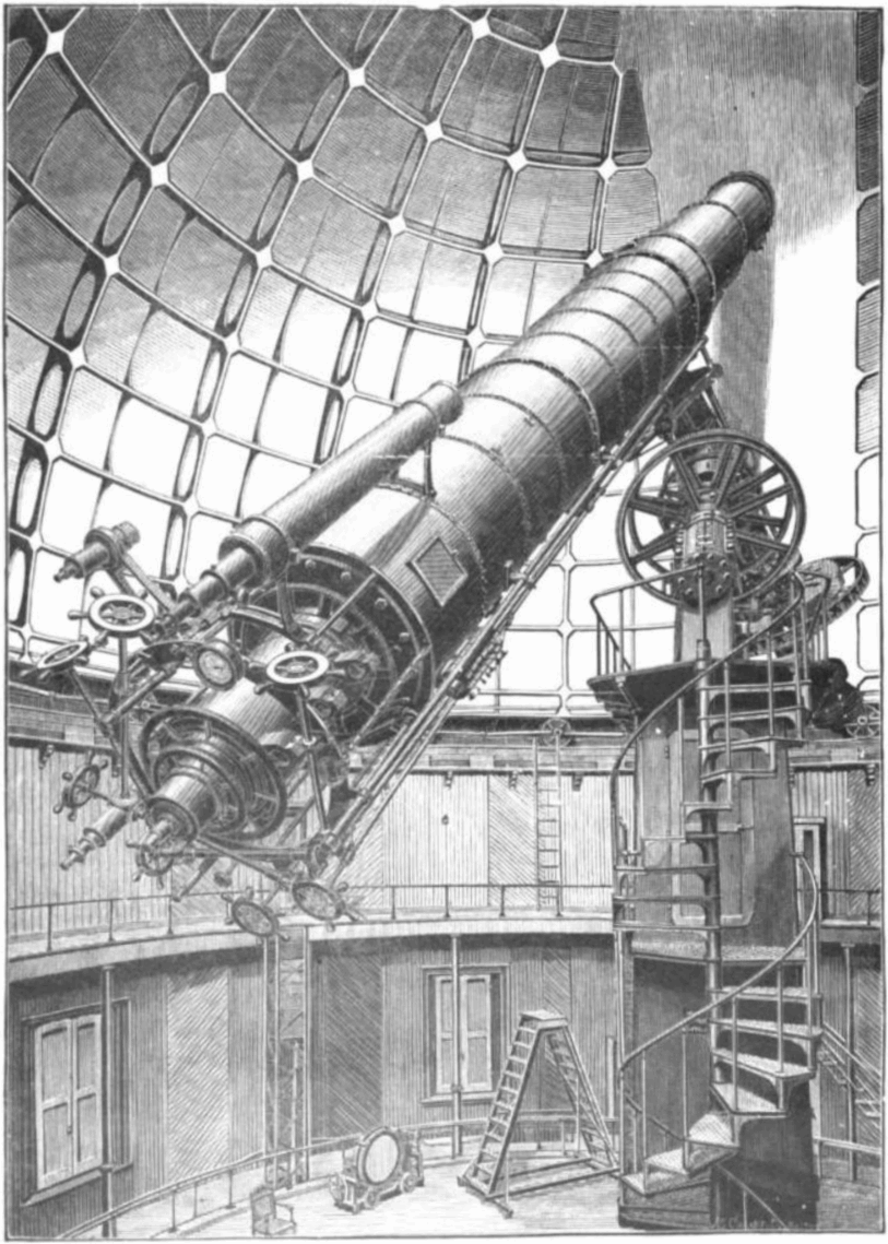 Drawing of the James Lick telescope at Lick Observatory, Mt. Hamilton, California, USA, from 1888 astronomy book.  Built between 1876-1888, it is an antique 36 inch (91 cm) aperture refractor, the second largest refracting telescope in the world.  The focal length (the approximate length of the tube) is 56 ft. 2 in. (17.11 m).  The telescope was used by actually looking through the eyepiece in the center of the end of the tube.  Astronomers used the stepladder visible in the background, and the catwalks on the building, to reach the eyepiece.  In addition, the floor of the building could be raised pneumatically for this purpose. Alterations to image: cropped out caption and frame, brightened image slightly, rotated slighly to make image vertical, converted to 48 grayscale PNG.