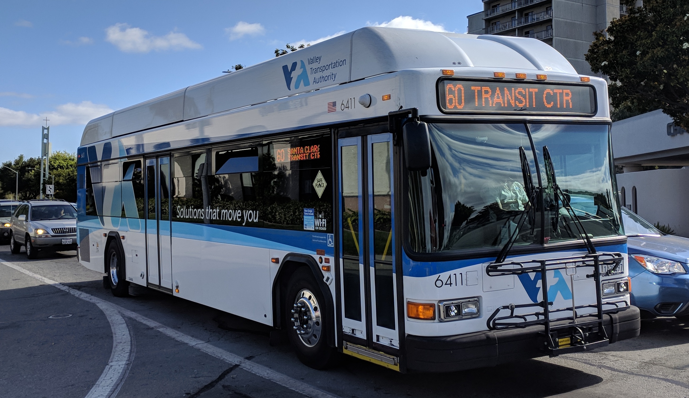 Santa Clara Valley Transportation Authority bus 6411, a Gillig Low Floor, servicing route 60 at the intersection of Winchester and Hamilton in Campbell, California.