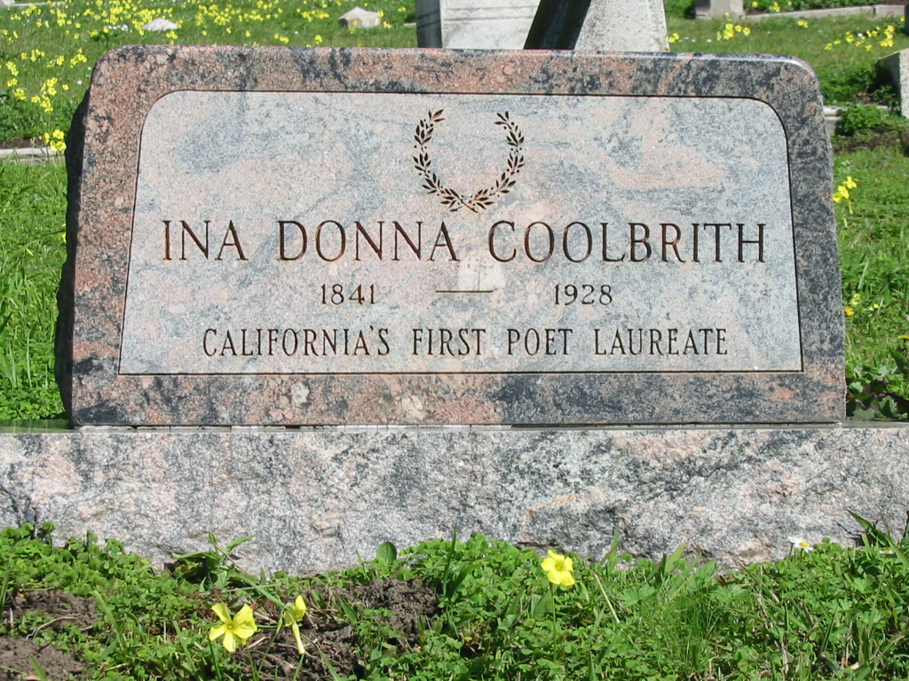 Photograph of the headstone of Ina Donna Coolbrith, taken in Mountain View Cemetery, Oakland, California.