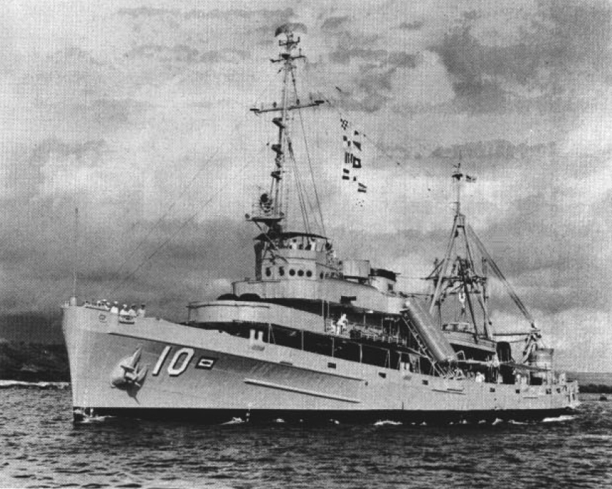 The U.S. Navy submarine rescue ship USS Greenlet (ASR-10) leaves Pearl Harbor, Hawaii (USA), circa 1963.