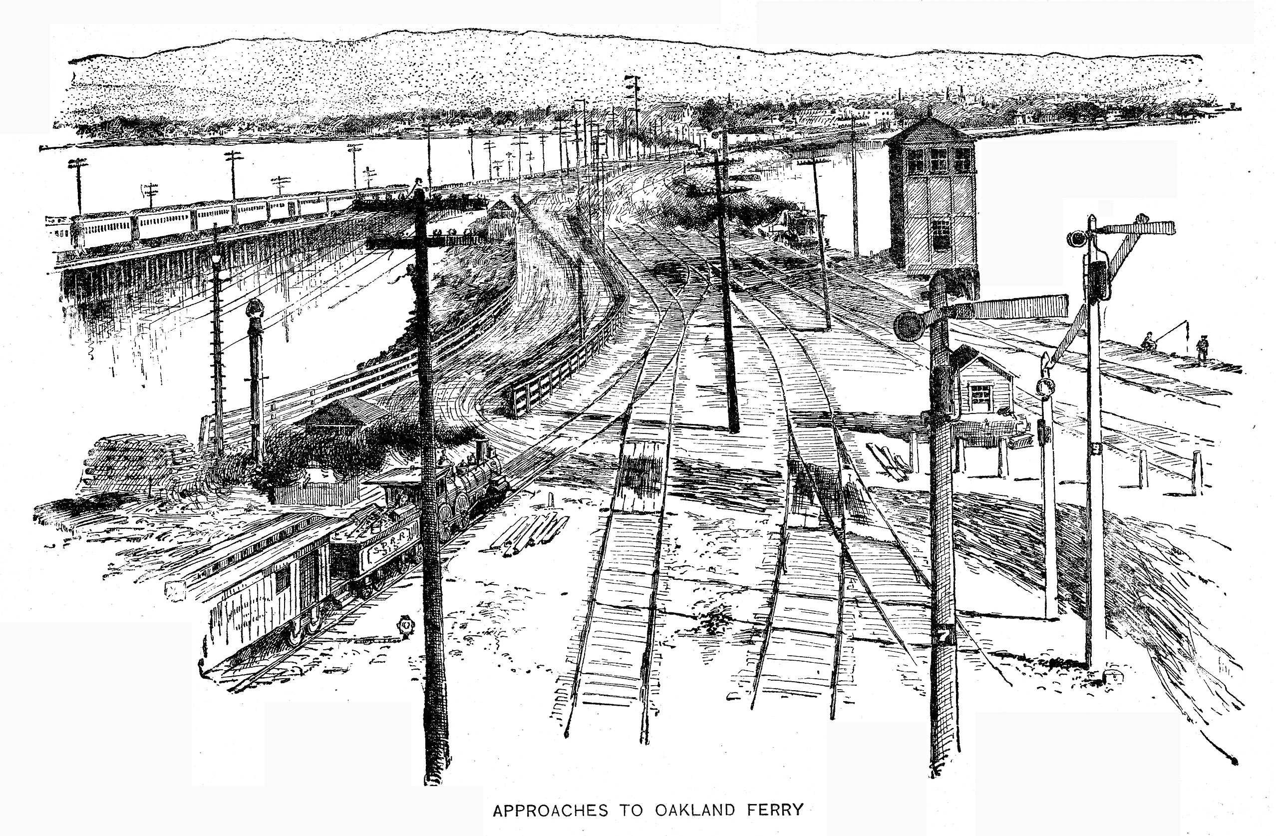 Engraving of the approach to the Oakland Long Wharf as seen from the Oakland Ferry Mole looking toward Oakland, CA. (1889)
Source: "Over the Range to the Golden Gate" by Stanley Wood. Chicago: R.R. Donnelly &amp; Sons, Publishers. 1889

The Cooper Collection of U.S. Railroad History (uploader's private collection)