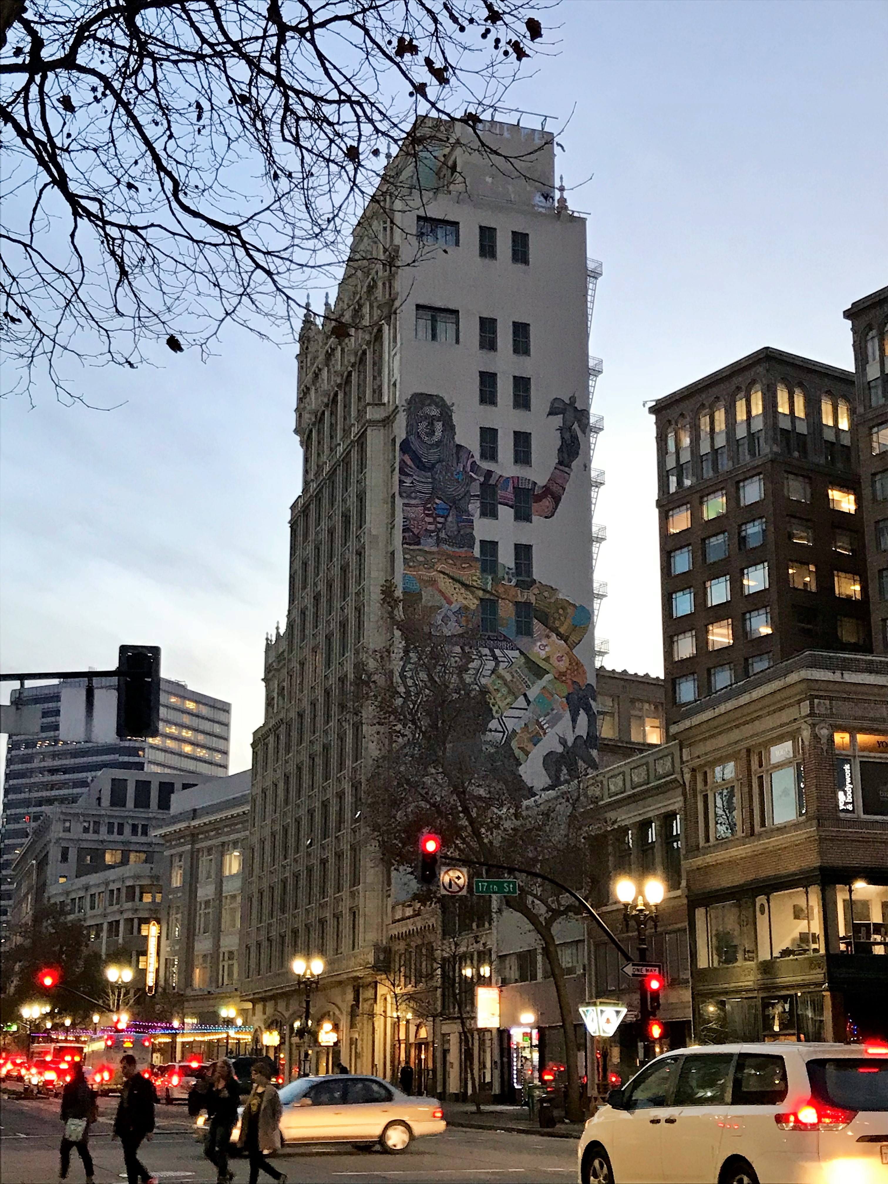 Zio Ziegler's mural on Oakland's Cathedral Building for the United Nations’ 70th anniversary celebration.