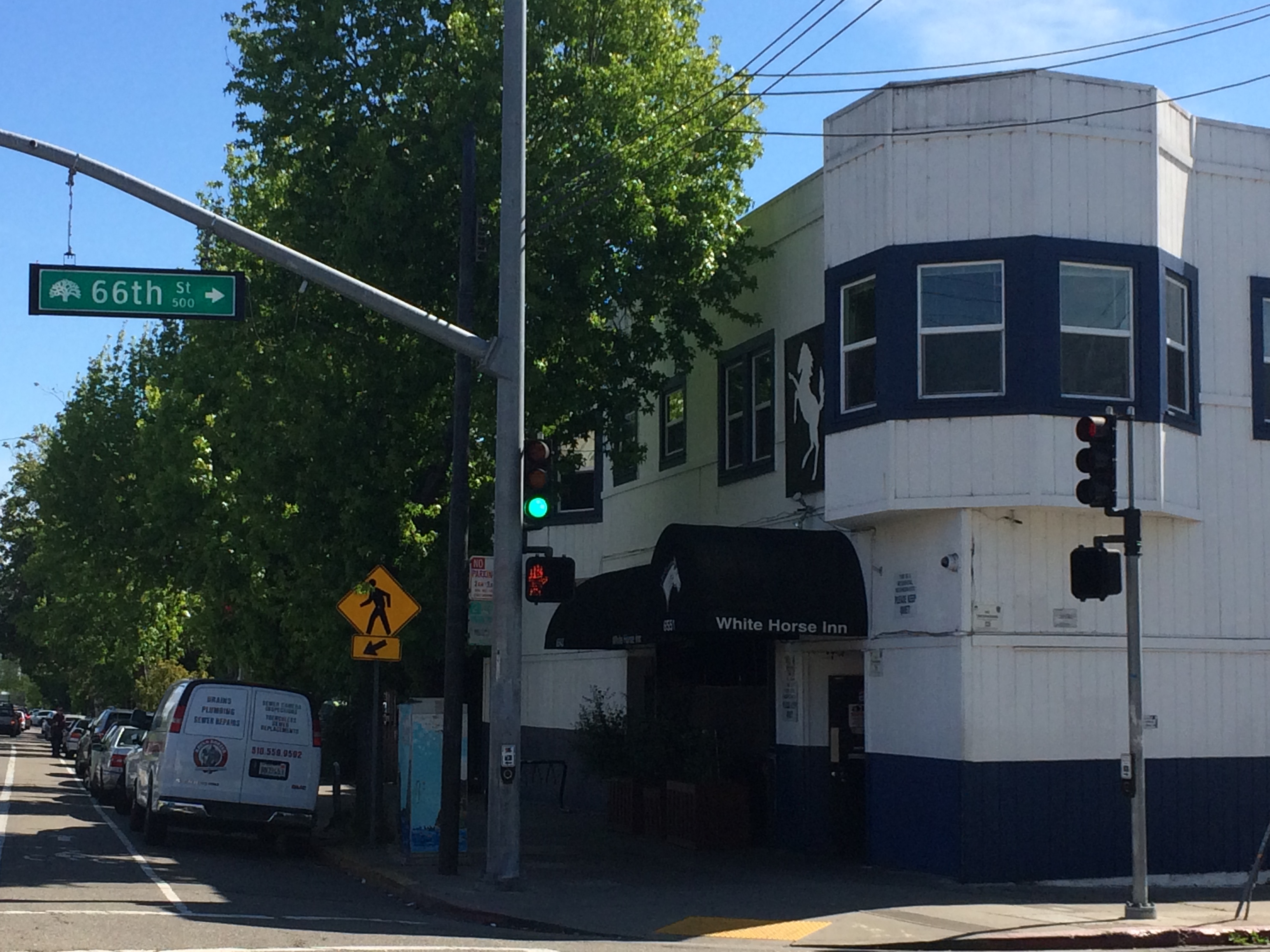 The United States' oldest gay bar, the White Horse Inn, is situated in Oakland, California on the intersection of 66th Street and Telegraph Avenue.