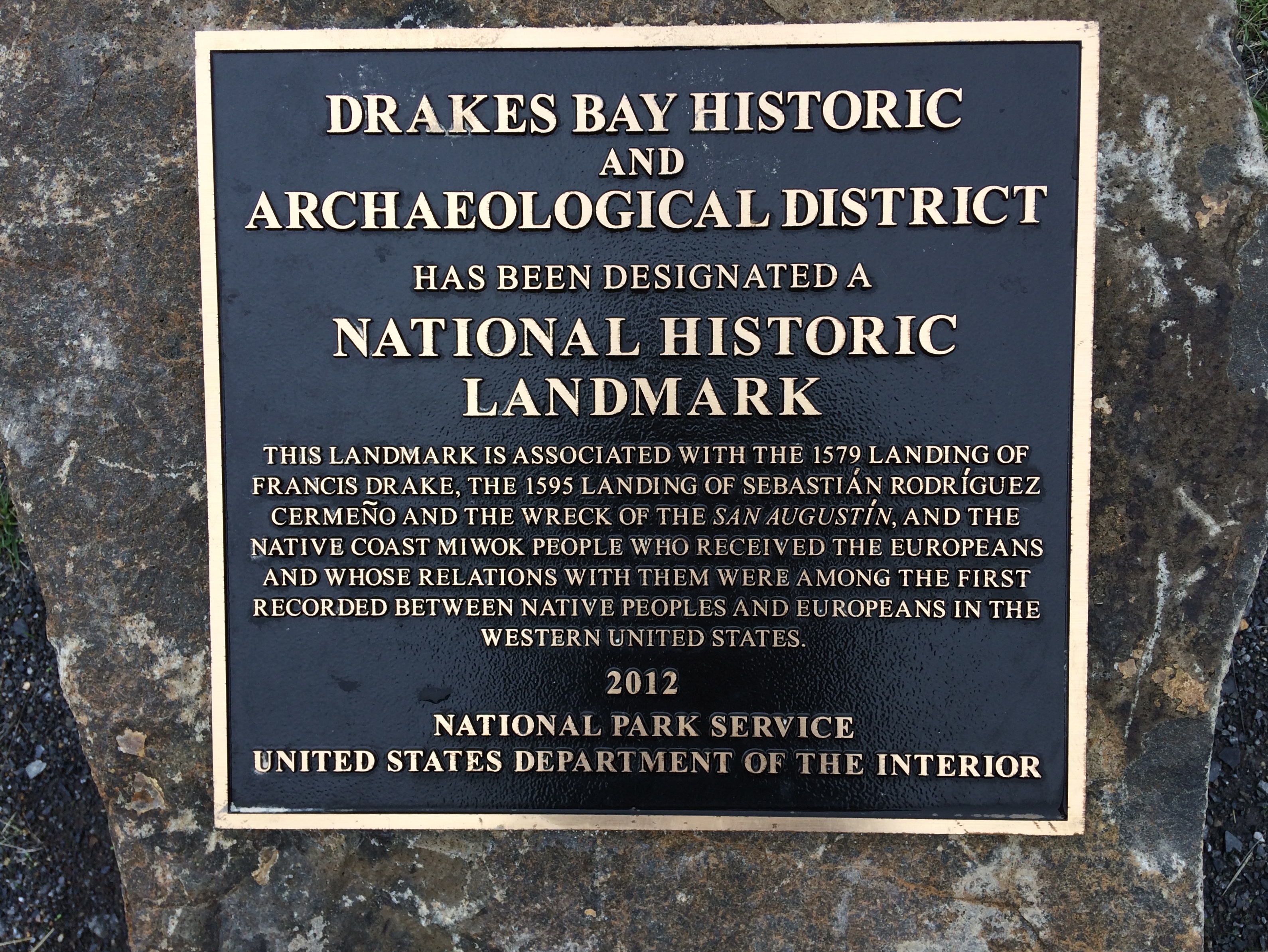 National Historic Landmark commemorating and honoring Francis Drake,  Sebastian Rodriguez Cermeño, and Coast Miwok people at Point Reyes, California.