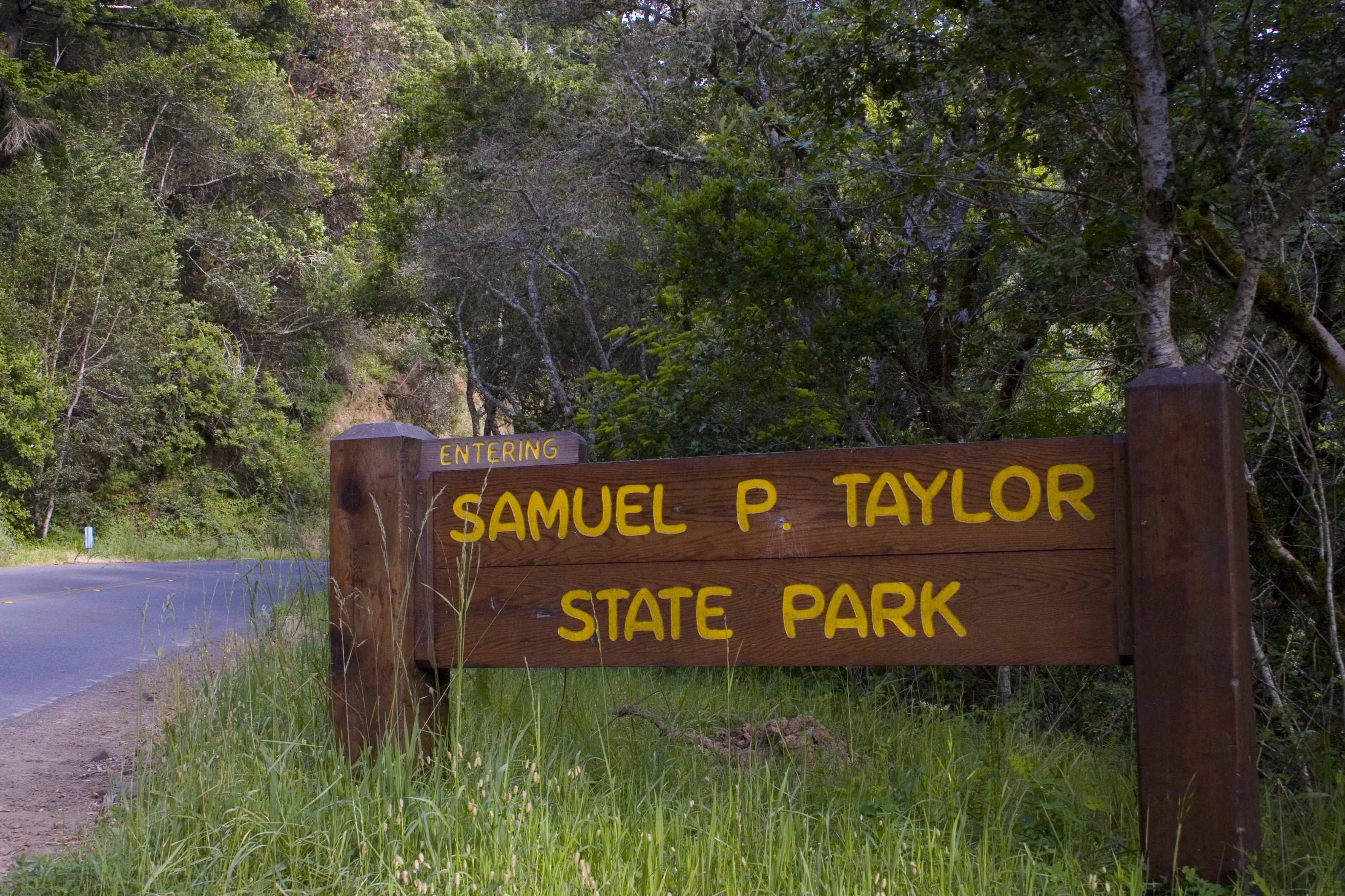 East entry sign of Samuel P. Taylor State Park in Marin County. Photograph taken from Sir Francis Drake Blvd.