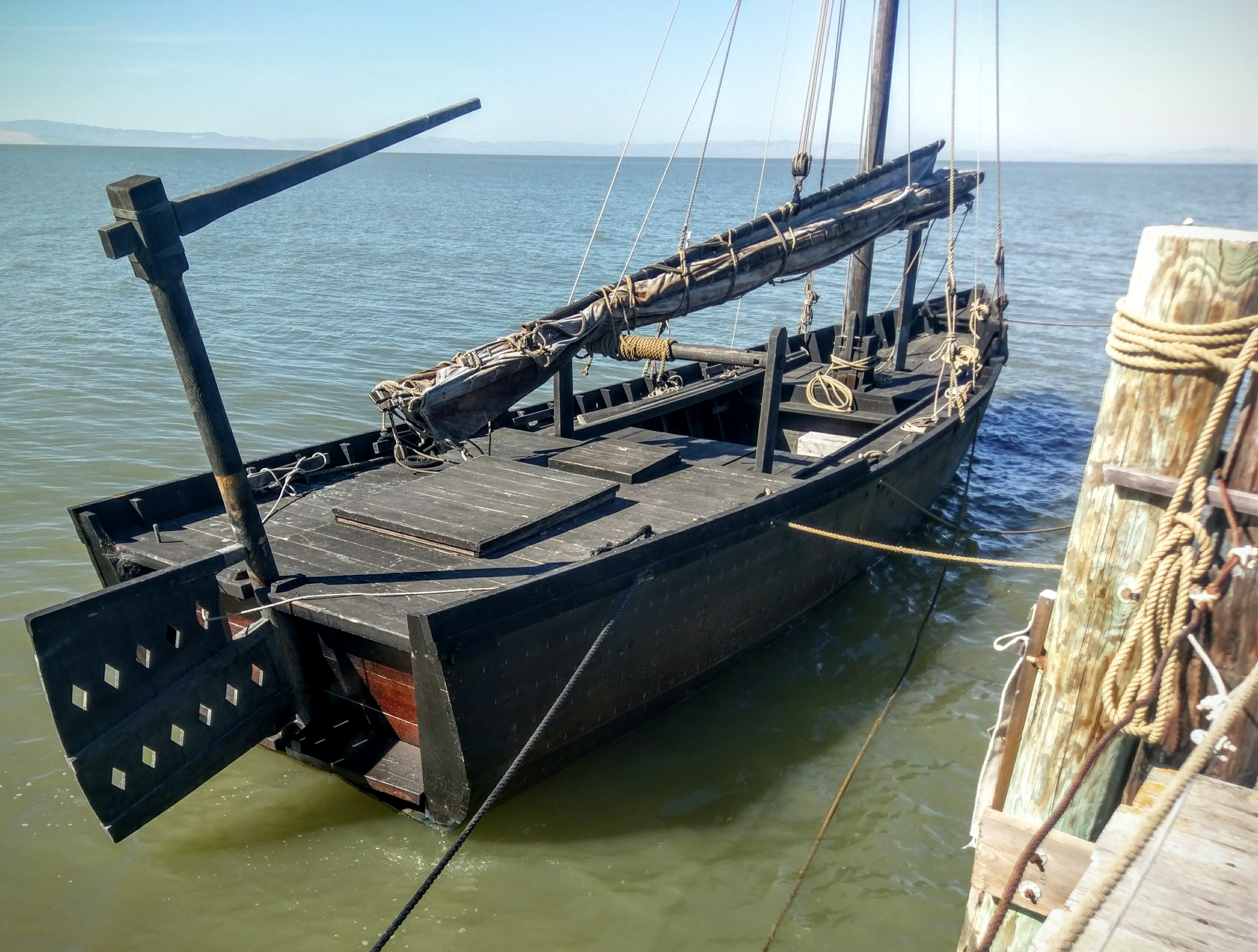 The traditional Chinese junk "Grace Quan" docked at China Camp State Park, in San Rafael, California. Photo by Jim Heaphy.