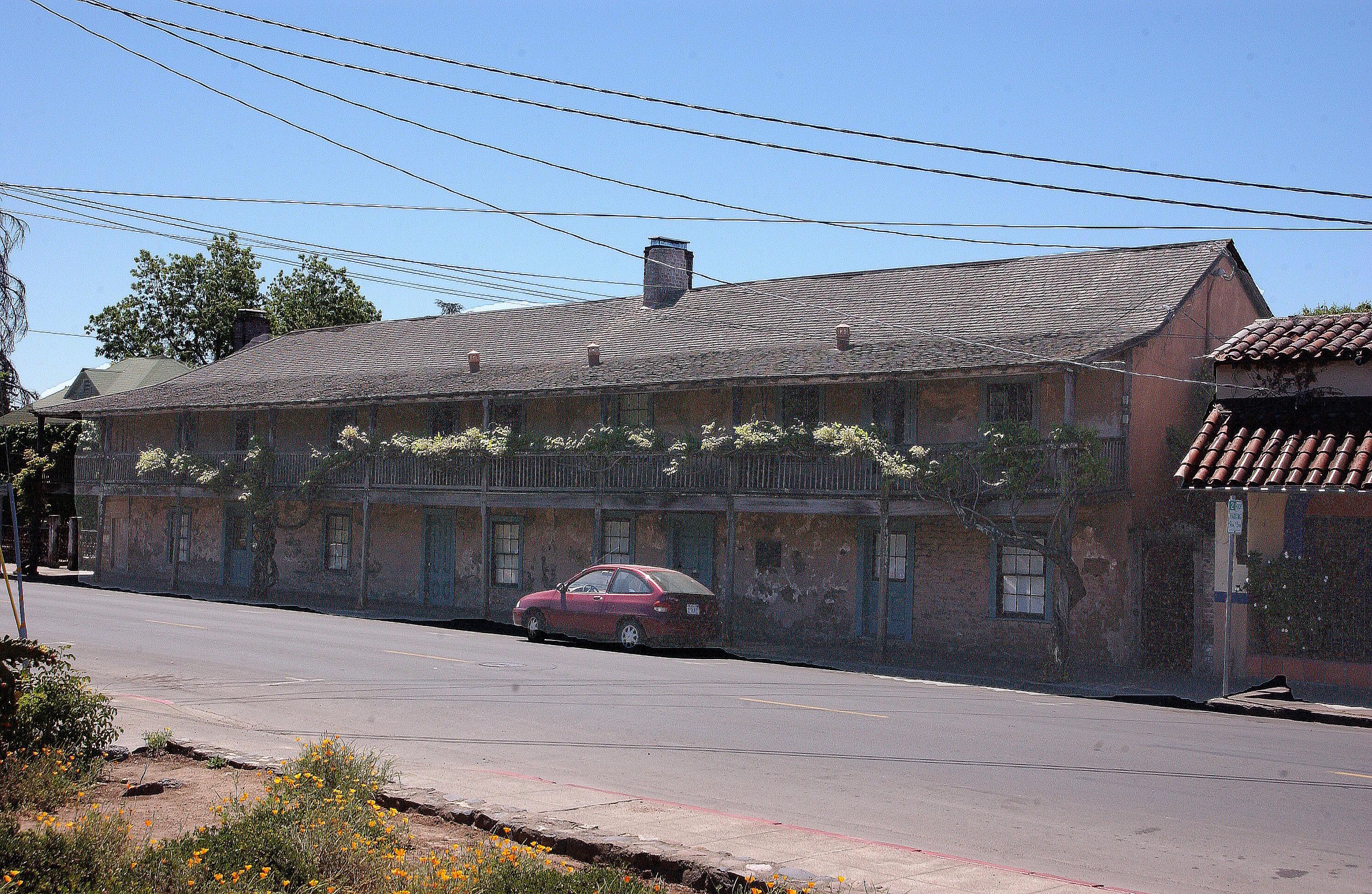 BLUE WING INN – THIS WAS ORIGINALLY PROBABLY A HOUSE USED FOR SOLDIERS ASSIGNED TO PROTECT THE MISSION . LATER ADDITIONS WERE ADDED AND IT BECAME A 		GAMBLING ROOM AND SALOON DURING GOLD RUSH DAYS.
