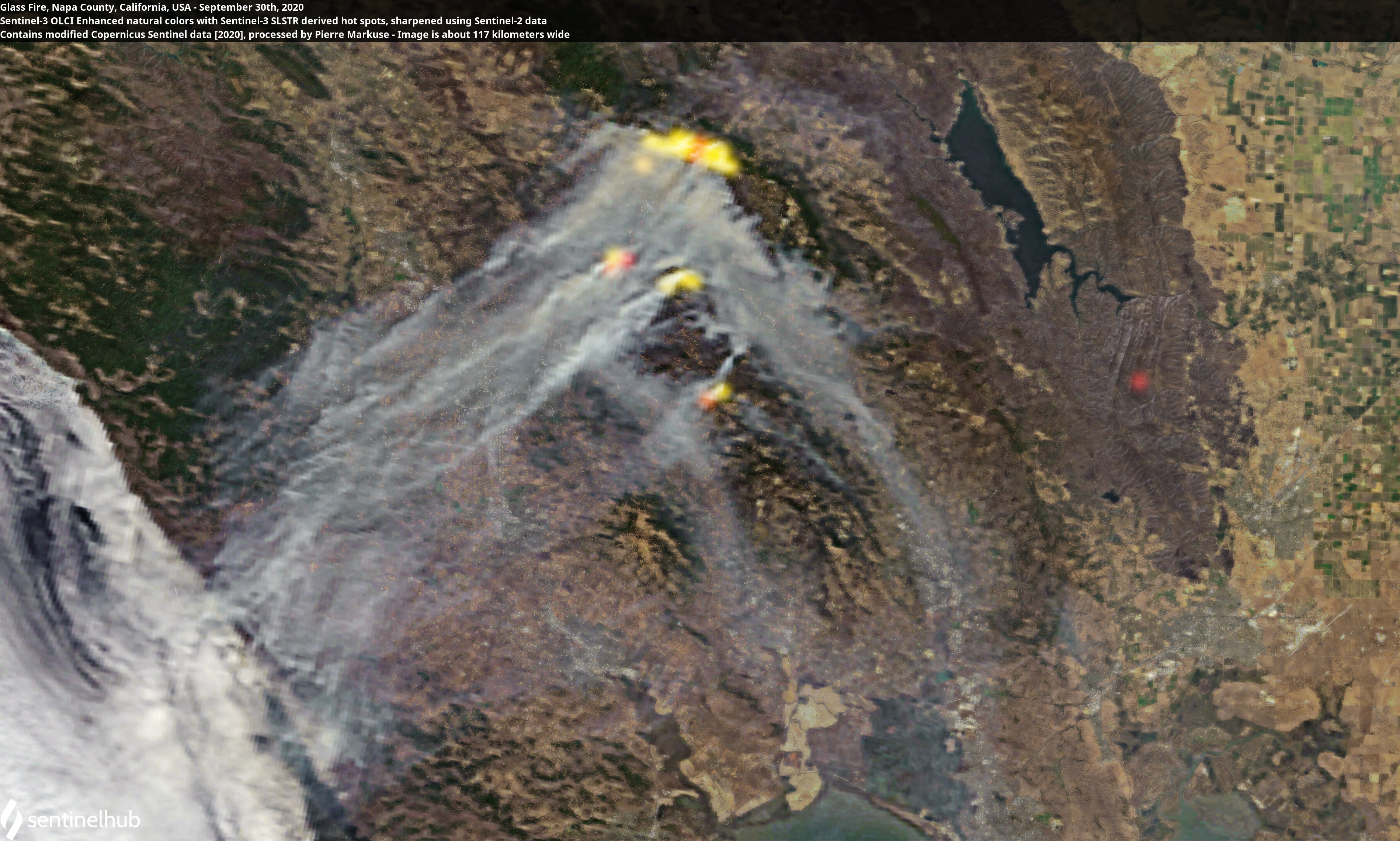 Contains modified Copernicus Sentinel data [2020], processed by Pierre Markuse
Glass Fire, Napa County, California, USA - September 30th, 2020
Sentinel-3 OLCI Enhanced natural colors with Sentinel-3 SLSTR derived hot spots, sharpened using Sentinel-2 data
Image is about 117 kilometers wide.

Do you want to support this collection of satellite images? Any donation, no matter how small, would be appreciated. PayPal me!