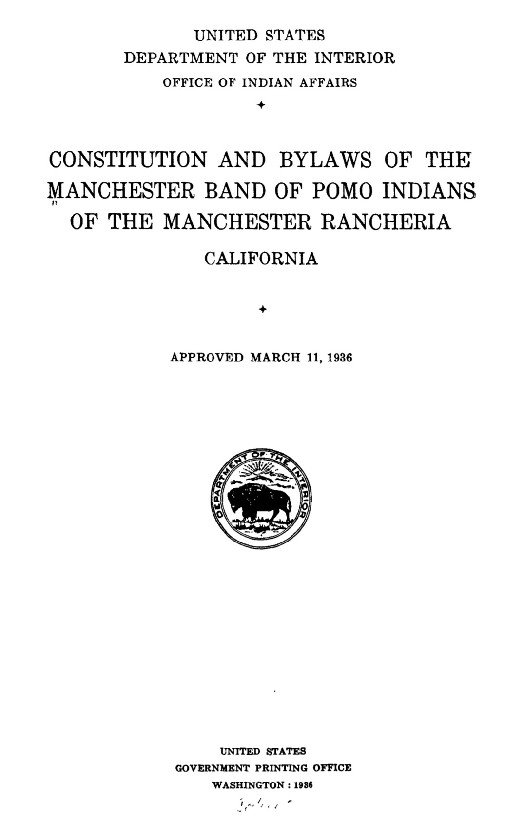 title page of the Constitution and Bylaws of the Manchester Band of Pomo Indians of the Manchester Rancheria, California