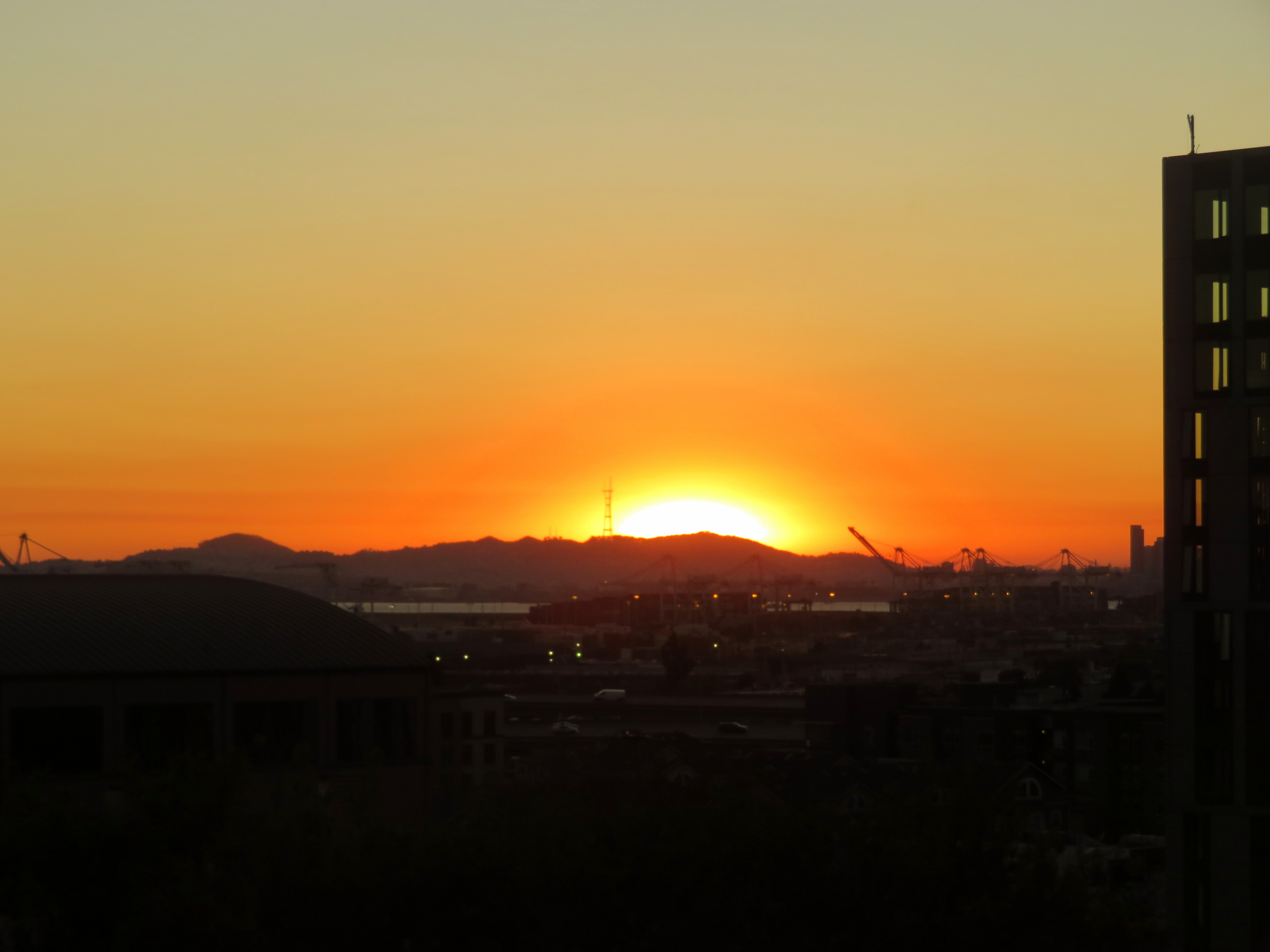 A very orange sunset over San Francisco on October 29, 2019, caused by smoke from the Kincade Fire