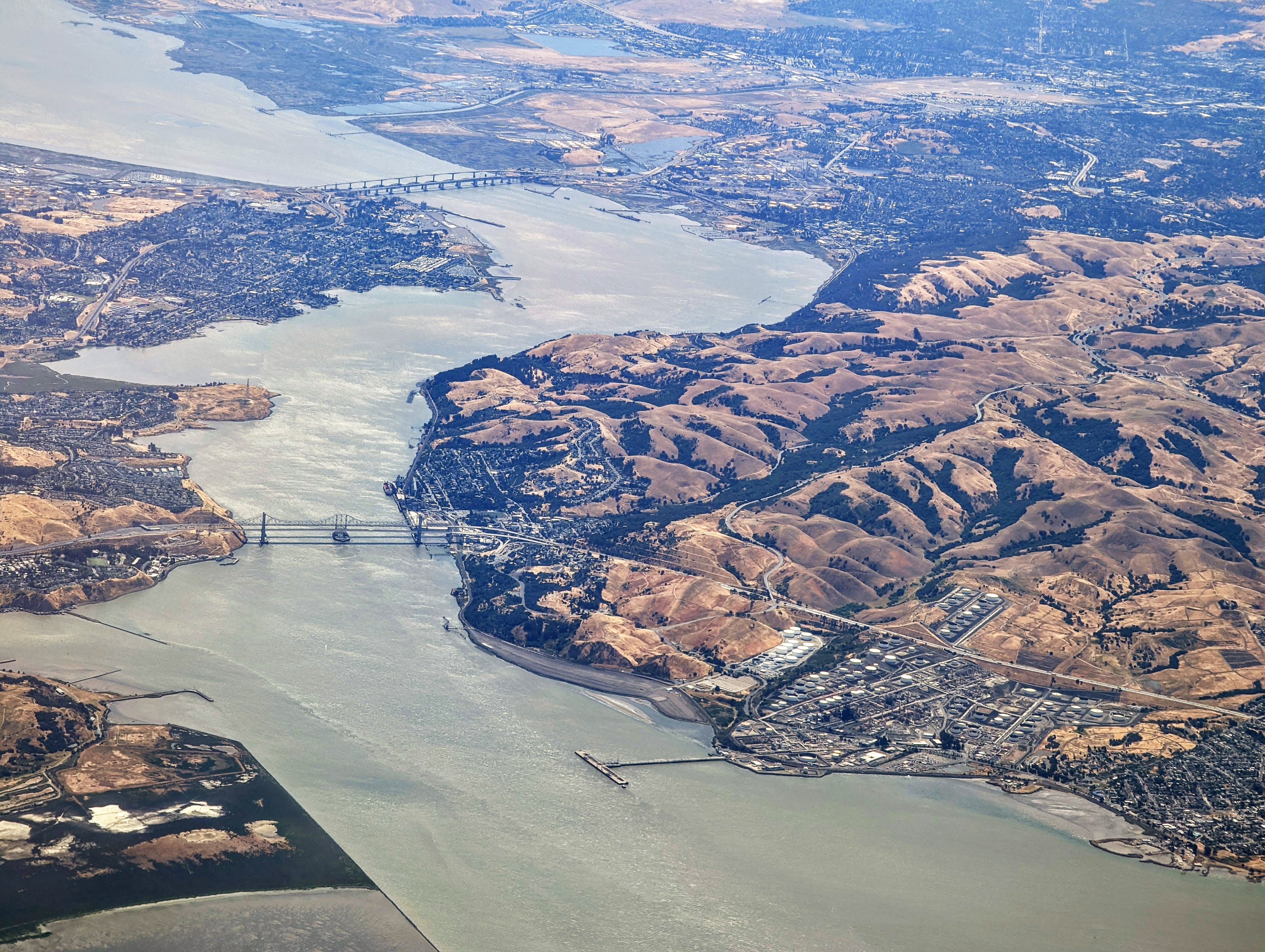 Carquinez Strait aerial view, 2022, looking east (upstream) from over San Pablo Bay, with the Carquinez Bridge in the foreground and the Benicia–Martinez Bridge in the background