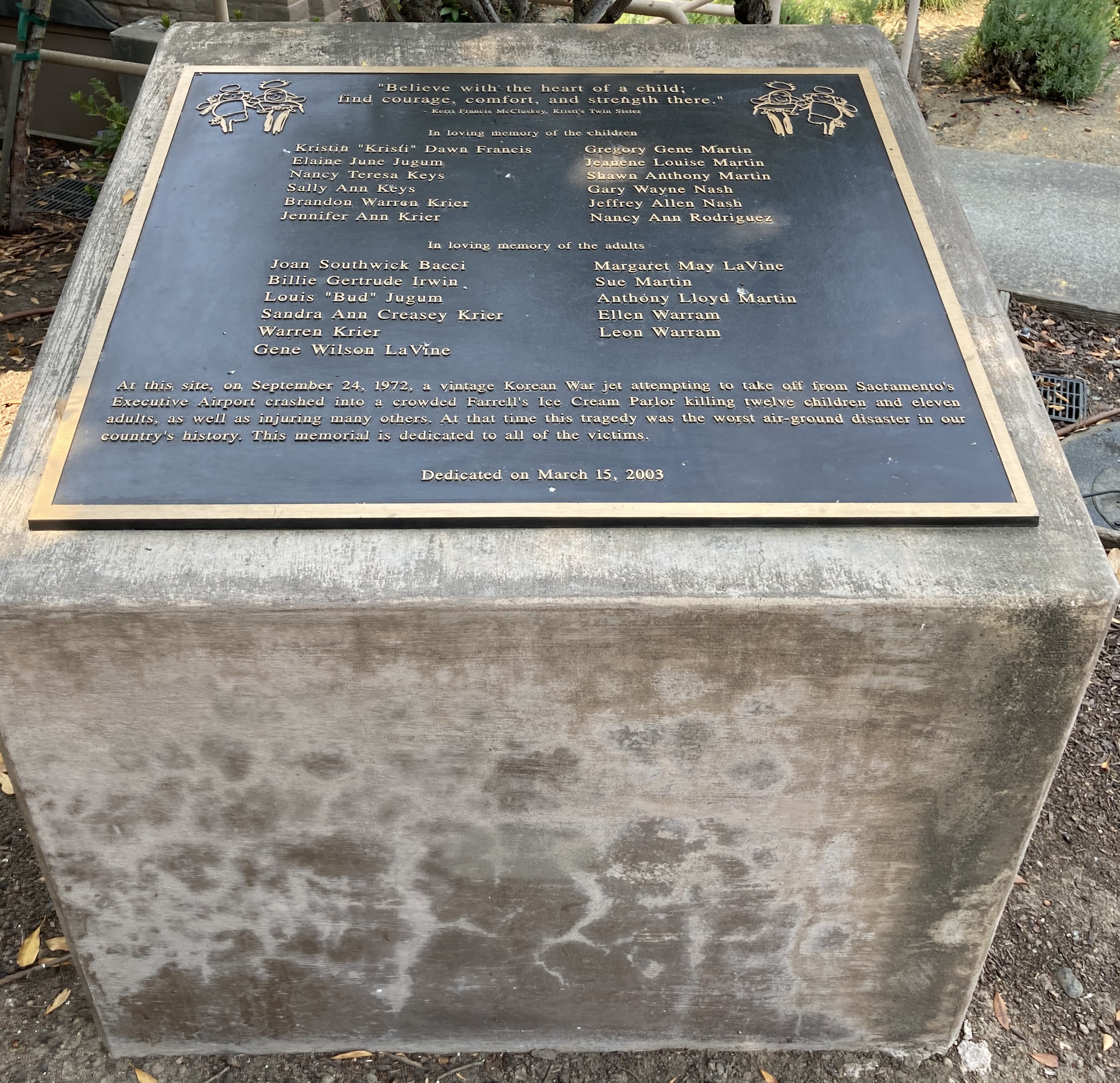 A memorial to the victims of the 1972 Canadair Sabre accident in Sacramento, California, located at Freeport Square Shopping Center, the site of the accident.